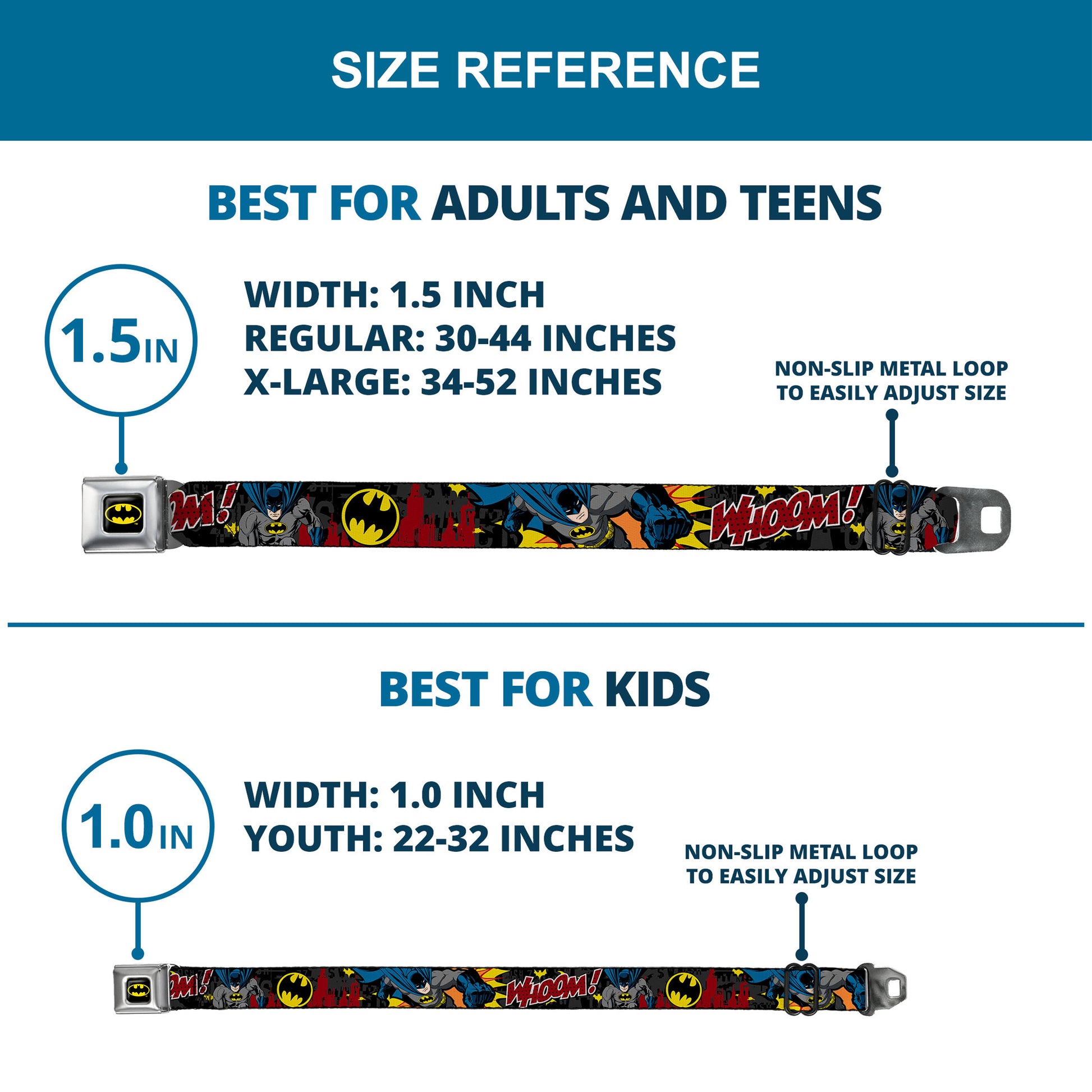 Batman Full Color Black Yellow Seatbelt Belt - Batman in Action WHOOM! Red Skyline Webbing Seatbelt Belts DC Comics