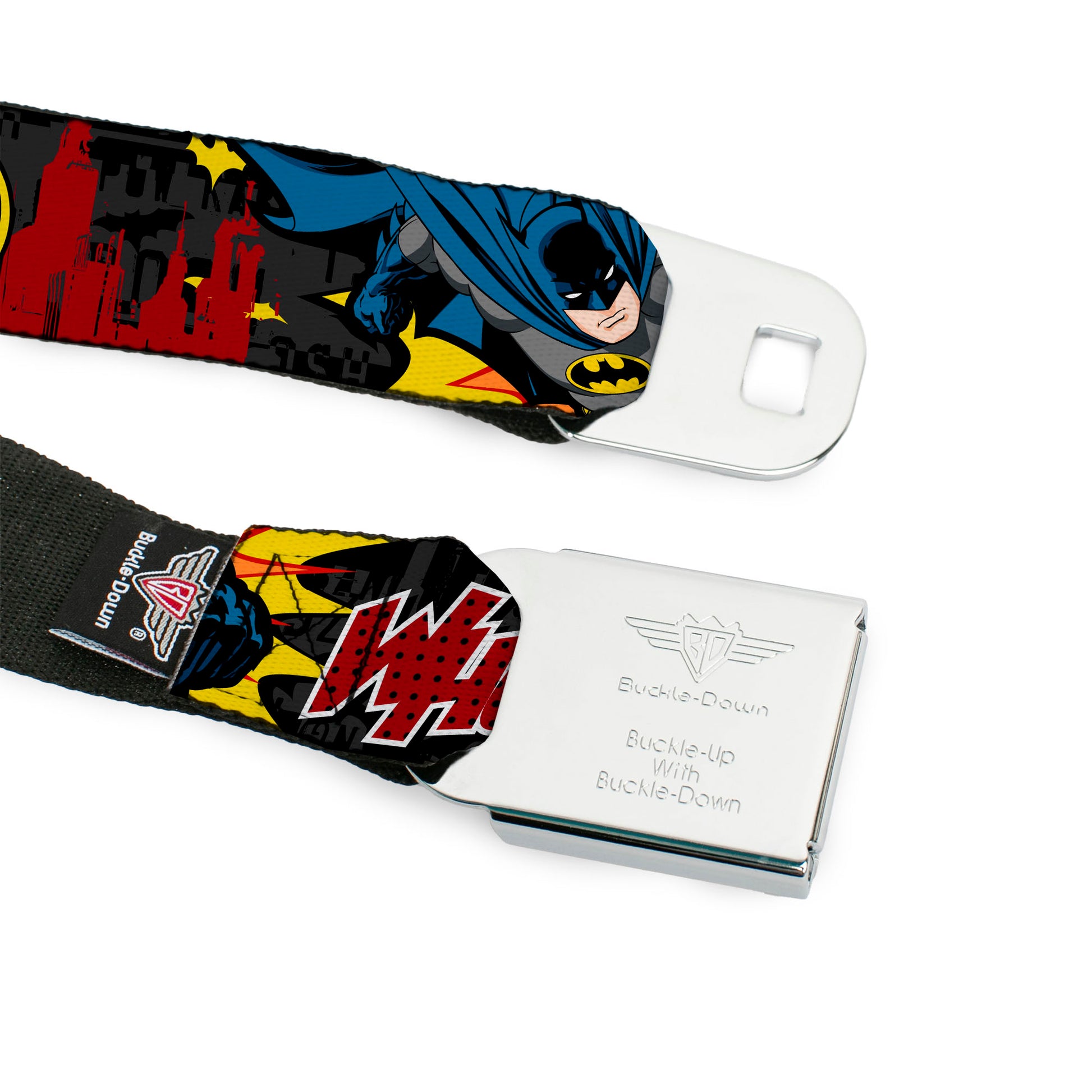 Batman Full Color Black Yellow Seatbelt Belt - Batman in Action WHOOM! Red Skyline Webbing Seatbelt Belts DC Comics