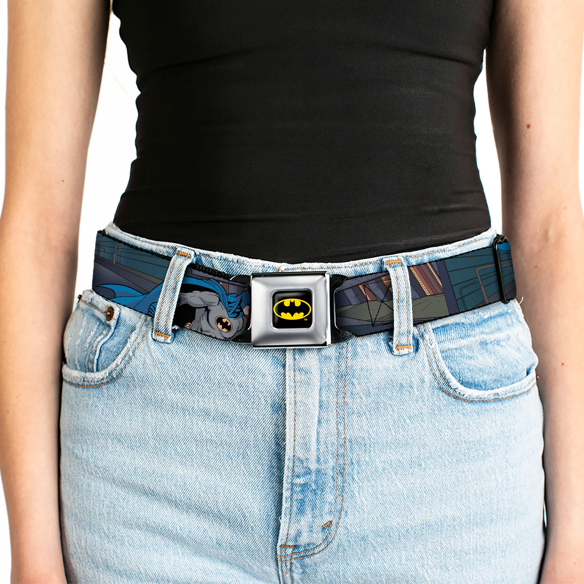 Batman Full Color Black Yellow Seatbelt Belt - Batman Battling Villains in Tunnel Webbing Seatbelt Belts DC Comics