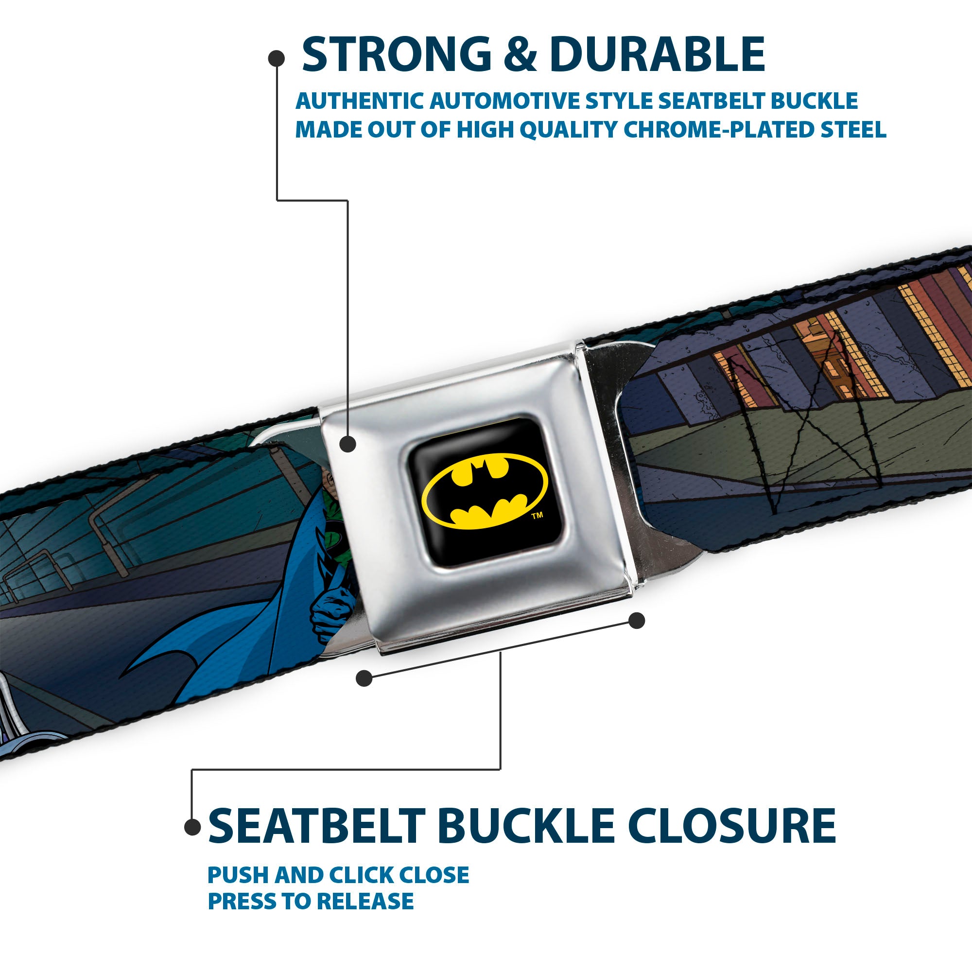 Batman Full Color Black Yellow Seatbelt Belt - Batman Battling Villains in Tunnel Webbing Seatbelt Belts DC Comics