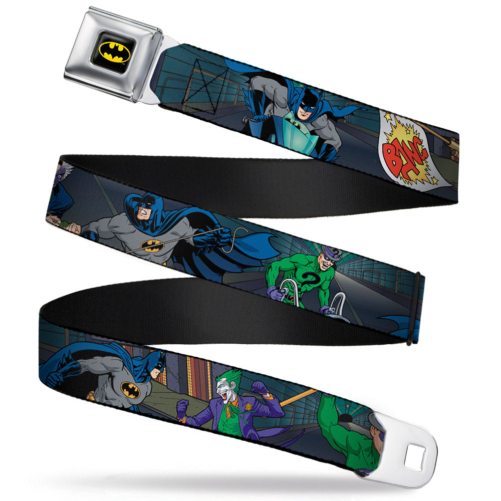 Batman Full Color Black Yellow Seatbelt Belt - Batman Battling Villains in Tunnel Webbing Seatbelt Belts DC Comics