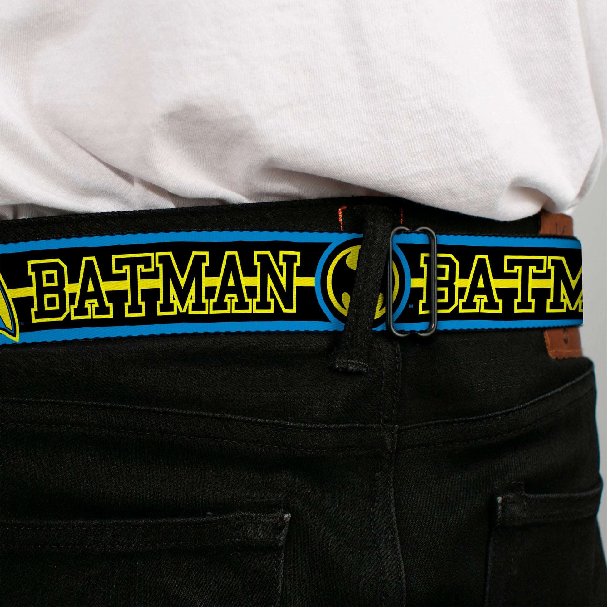 Batman Full Color Black Yellow Seatbelt Belt - BATMAN/Retro Logos Stripe Blue/Black/Yellow Webbing Seatbelt Belts DC Comics