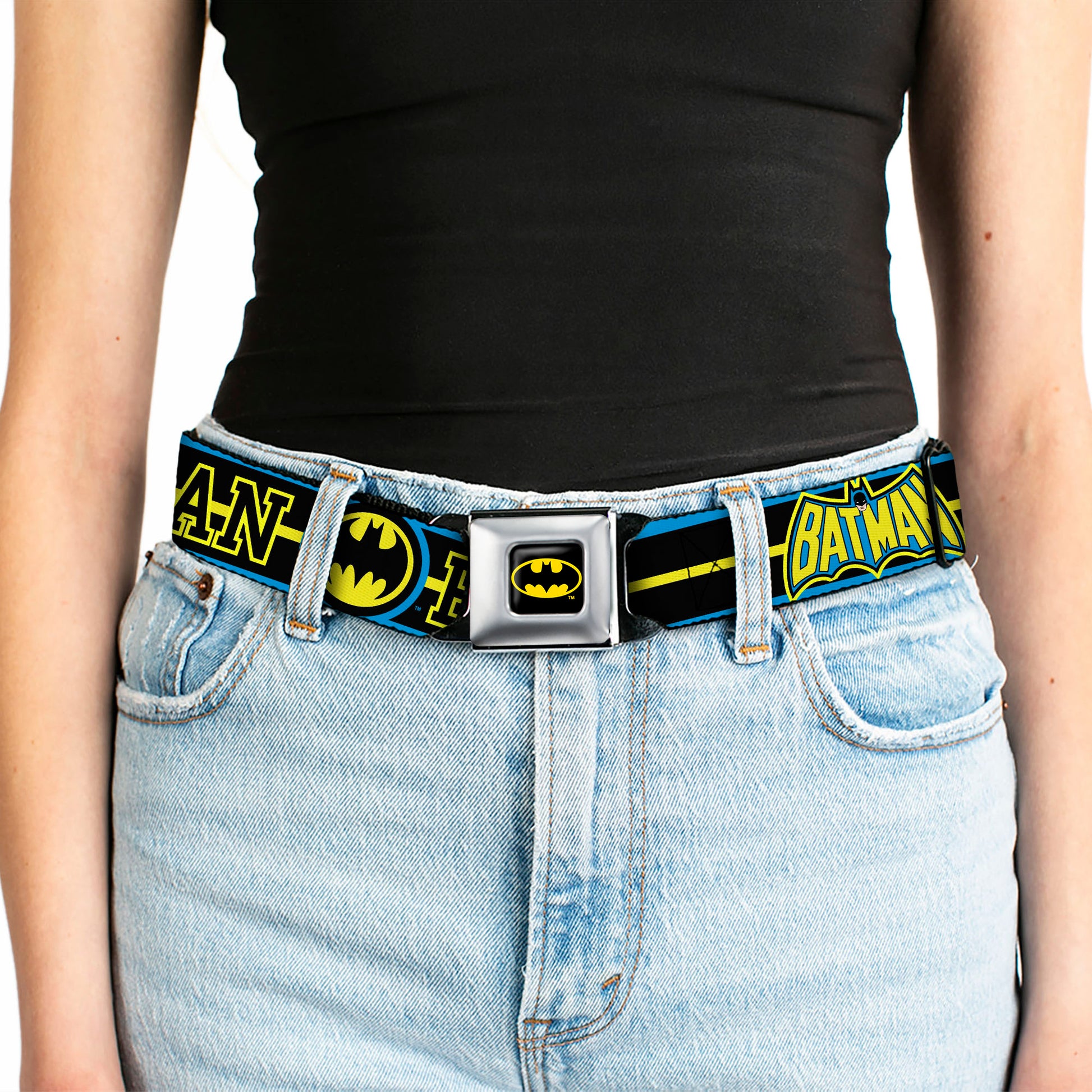Batman Full Color Black Yellow Seatbelt Belt - BATMAN/Retro Logos Stripe Blue/Black/Yellow Webbing Seatbelt Belts DC Comics