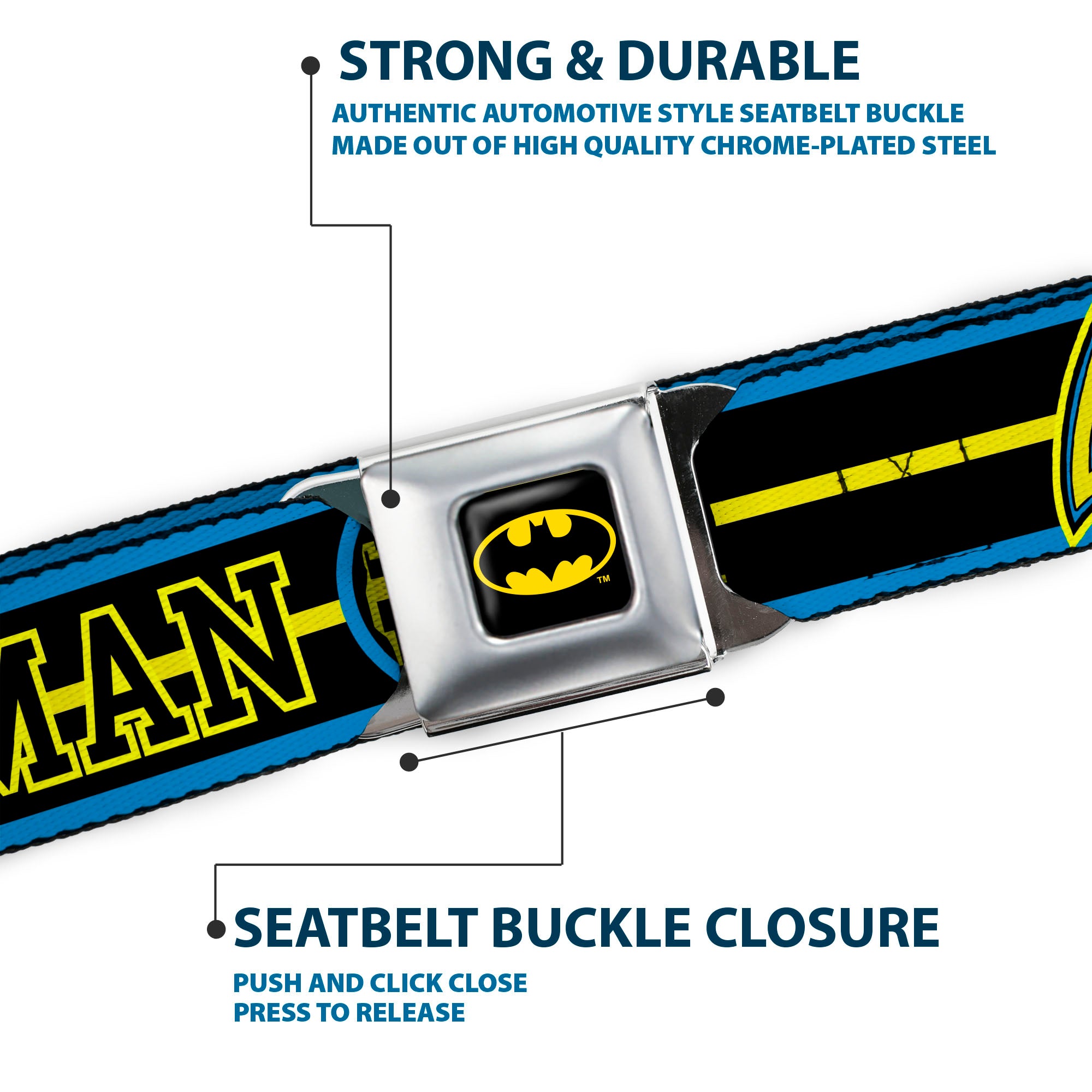 Batman Full Color Black Yellow Seatbelt Belt - BATMAN/Retro Logos Stripe Blue/Black/Yellow Webbing Seatbelt Belts DC Comics