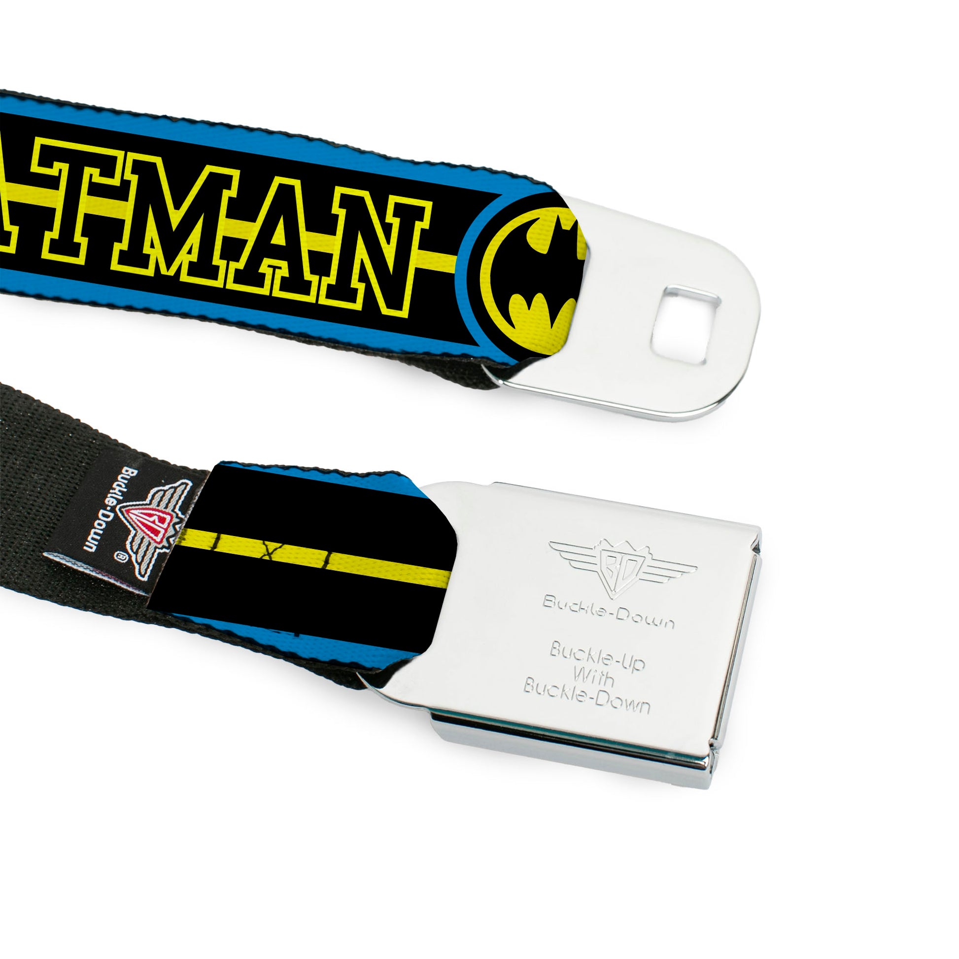 Batman Full Color Black Yellow Seatbelt Belt - BATMAN/Retro Logos Stripe Blue/Black/Yellow Webbing Seatbelt Belts DC Comics