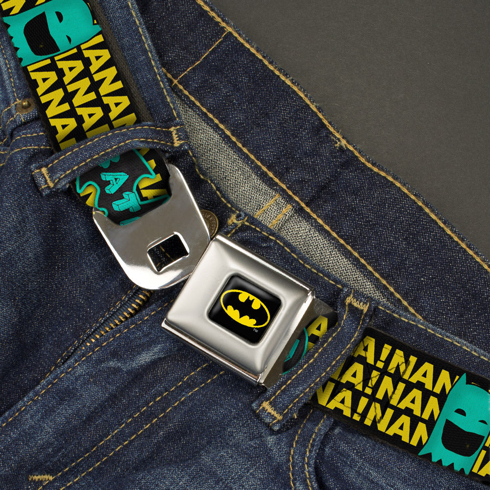 Batman Full Color Black Yellow Seatbelt Belt - Batman Face & Logo Sketch/NANANA! Black/Yellow/Aqua Webbing Seatbelt Belts DC Comics
