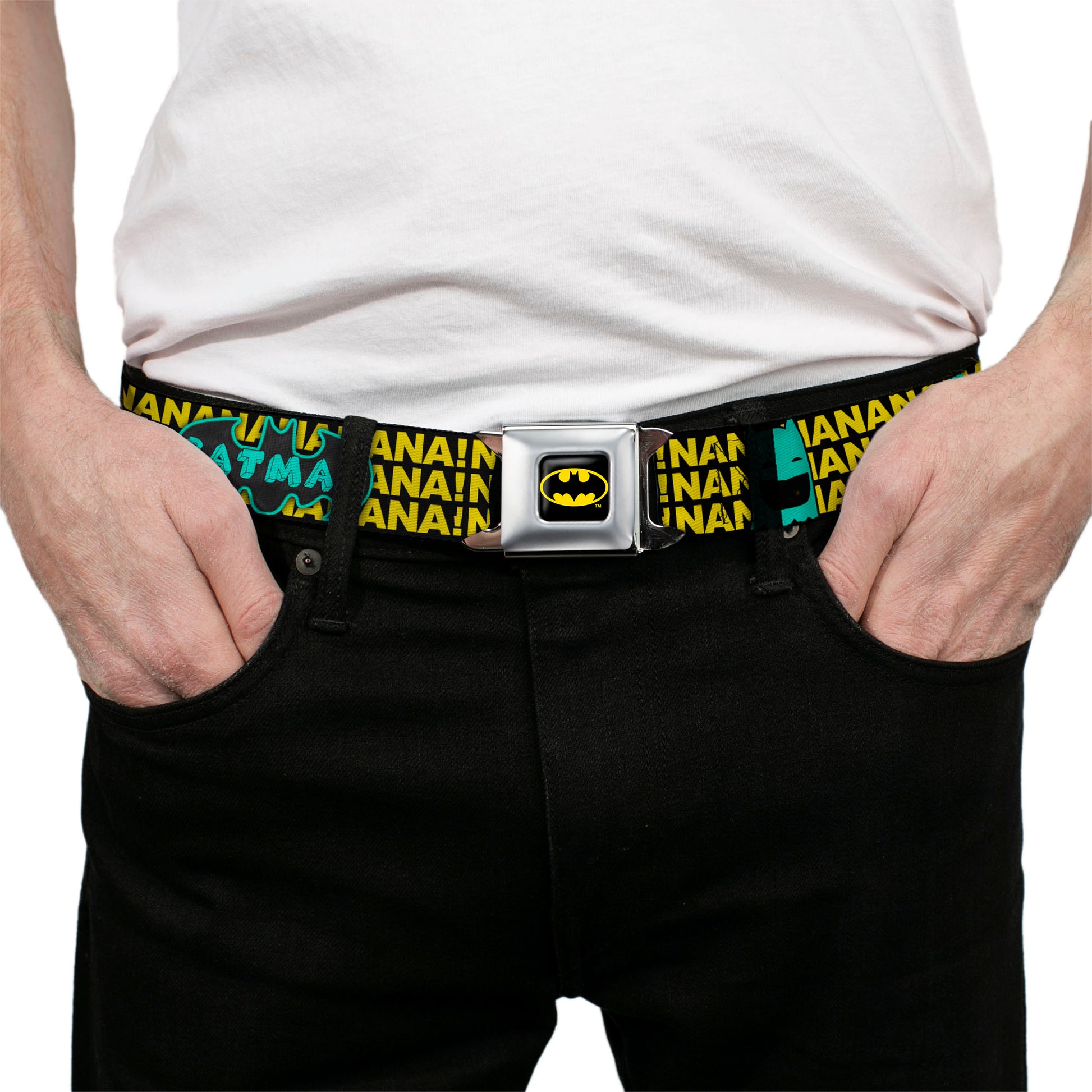 Batman Full Color Black Yellow Seatbelt Belt - Batman Face & Logo Sketch/NANANA! Black/Yellow/Aqua Webbing Seatbelt Belts DC Comics
