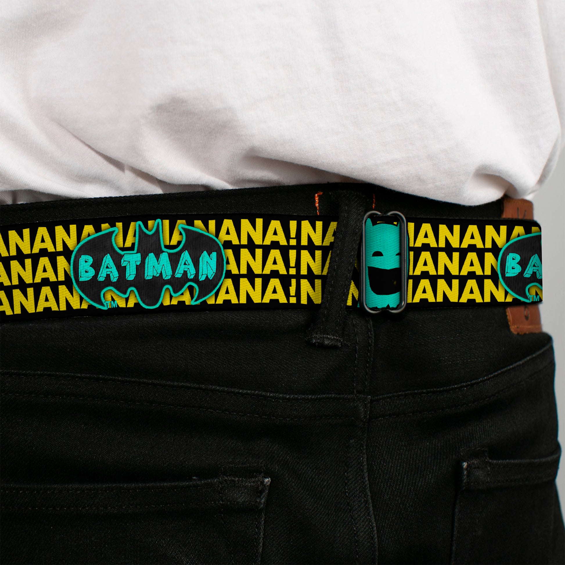 Batman Full Color Black Yellow Seatbelt Belt - Batman Face & Logo Sketch/NANANA! Black/Yellow/Aqua Webbing Seatbelt Belts DC Comics