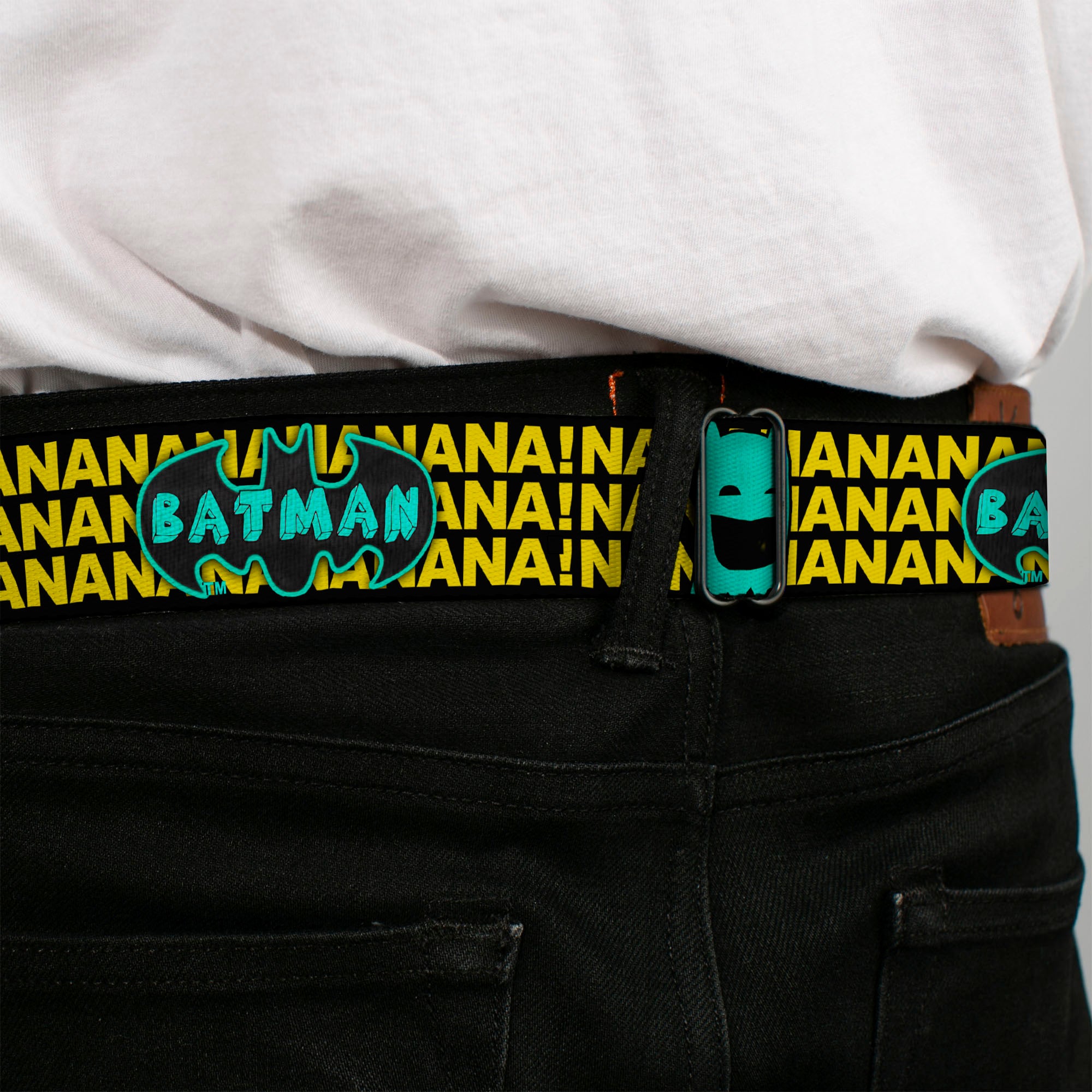 Batman Full Color Black Yellow Seatbelt Belt - Batman Face & Logo Sketch/NANANA! Black/Yellow/Aqua Webbing Seatbelt Belts DC Comics