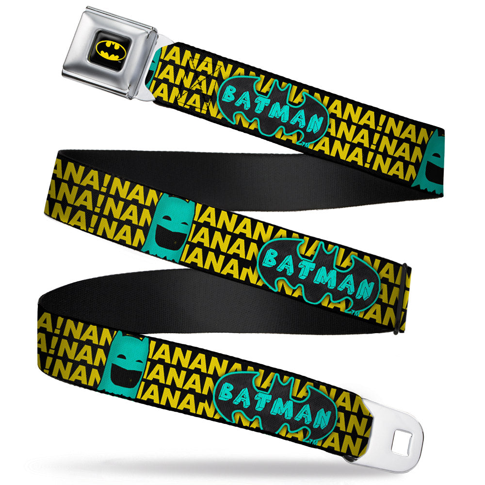 Batman Full Color Black Yellow Seatbelt Belt - Batman Face & Logo Sketch/NANANA! Black/Yellow/Aqua Webbing Seatbelt Belts DC Comics