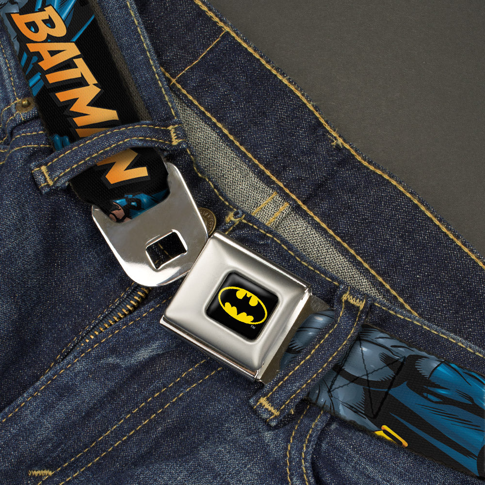 Batman Full Color Black Yellow Seatbelt Belt - BATMAN Action Poses/Bat Signal Black Webbing Seatbelt Belts DC Comics