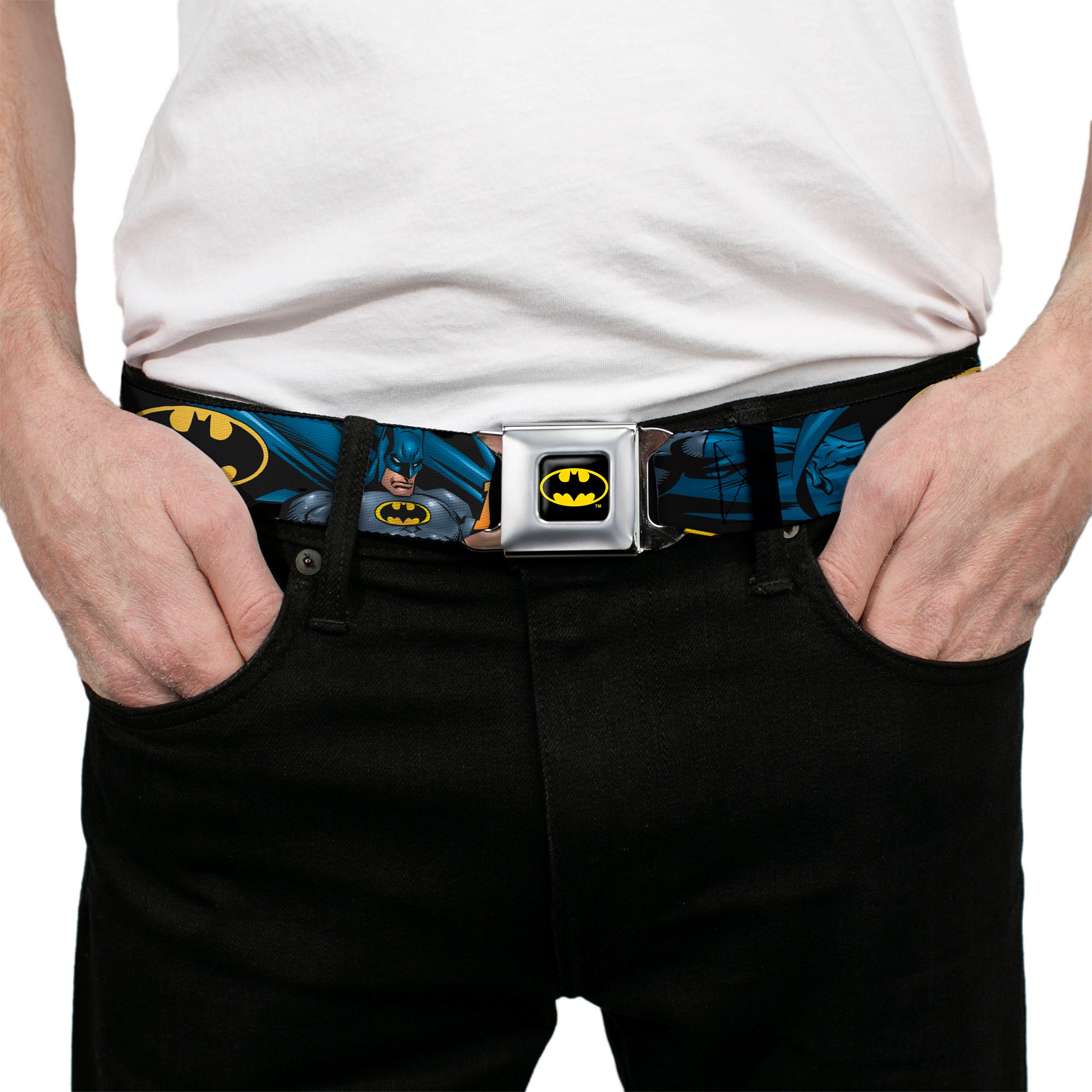 Batman Full Color Black Yellow Seatbelt Belt - BATMAN Action Poses/Bat Signal Black Webbing Seatbelt Belts DC Comics