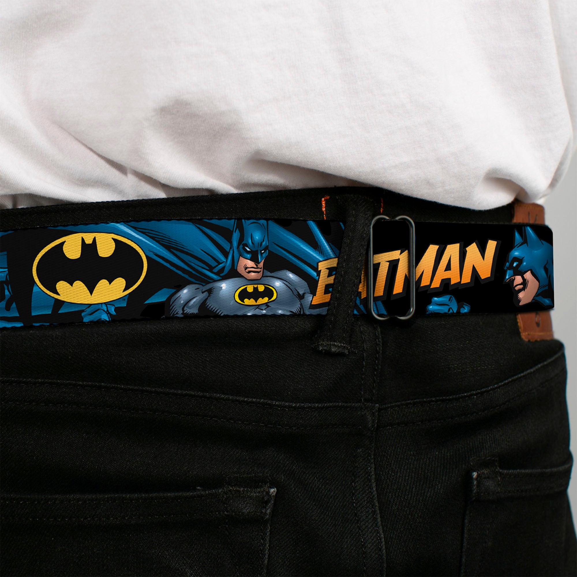 Batman Full Color Black Yellow Seatbelt Belt - BATMAN Action Poses/Bat Signal Black Webbing Seatbelt Belts DC Comics
