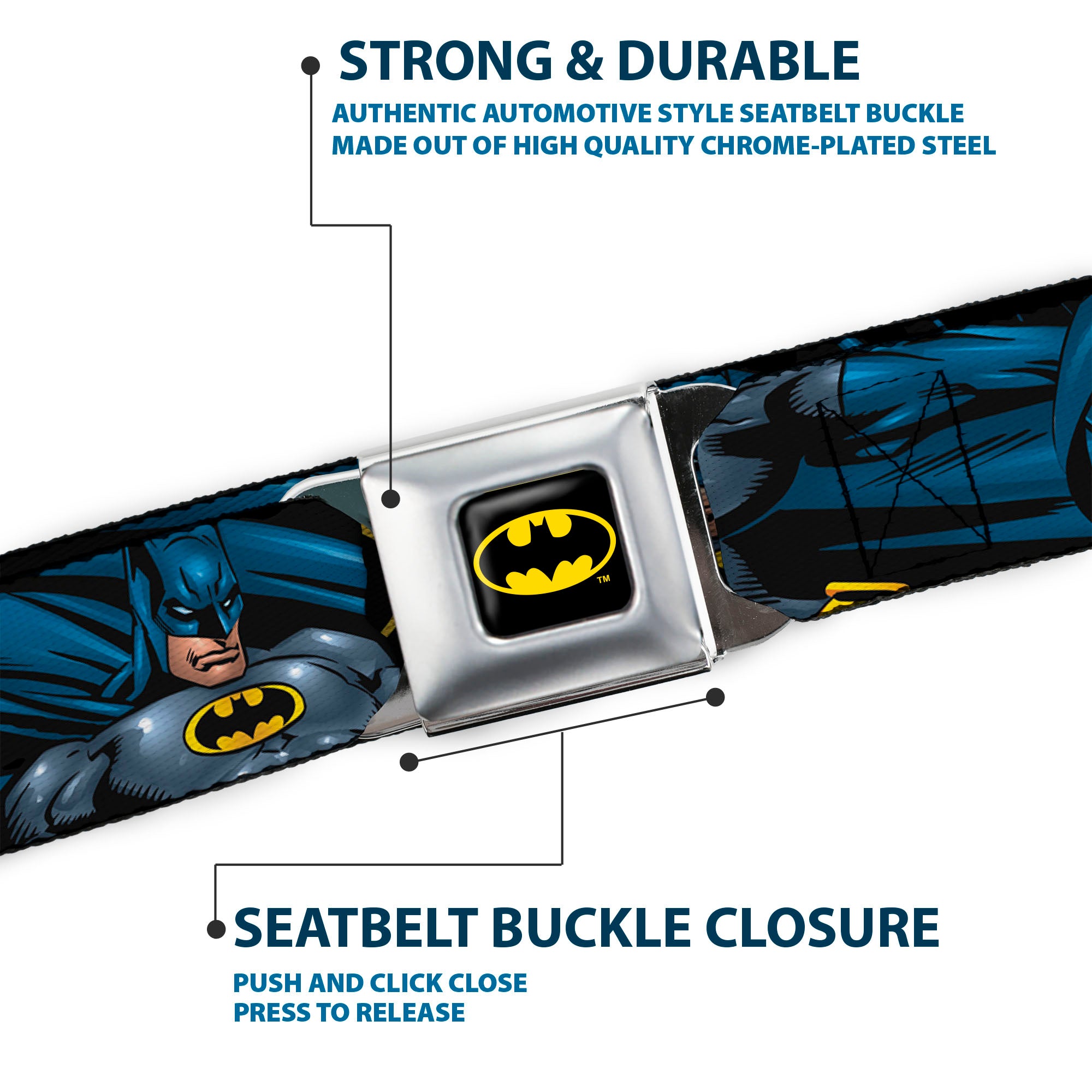 Batman Full Color Black Yellow Seatbelt Belt - BATMAN Action Poses/Bat Signal Black Webbing Seatbelt Belts DC Comics