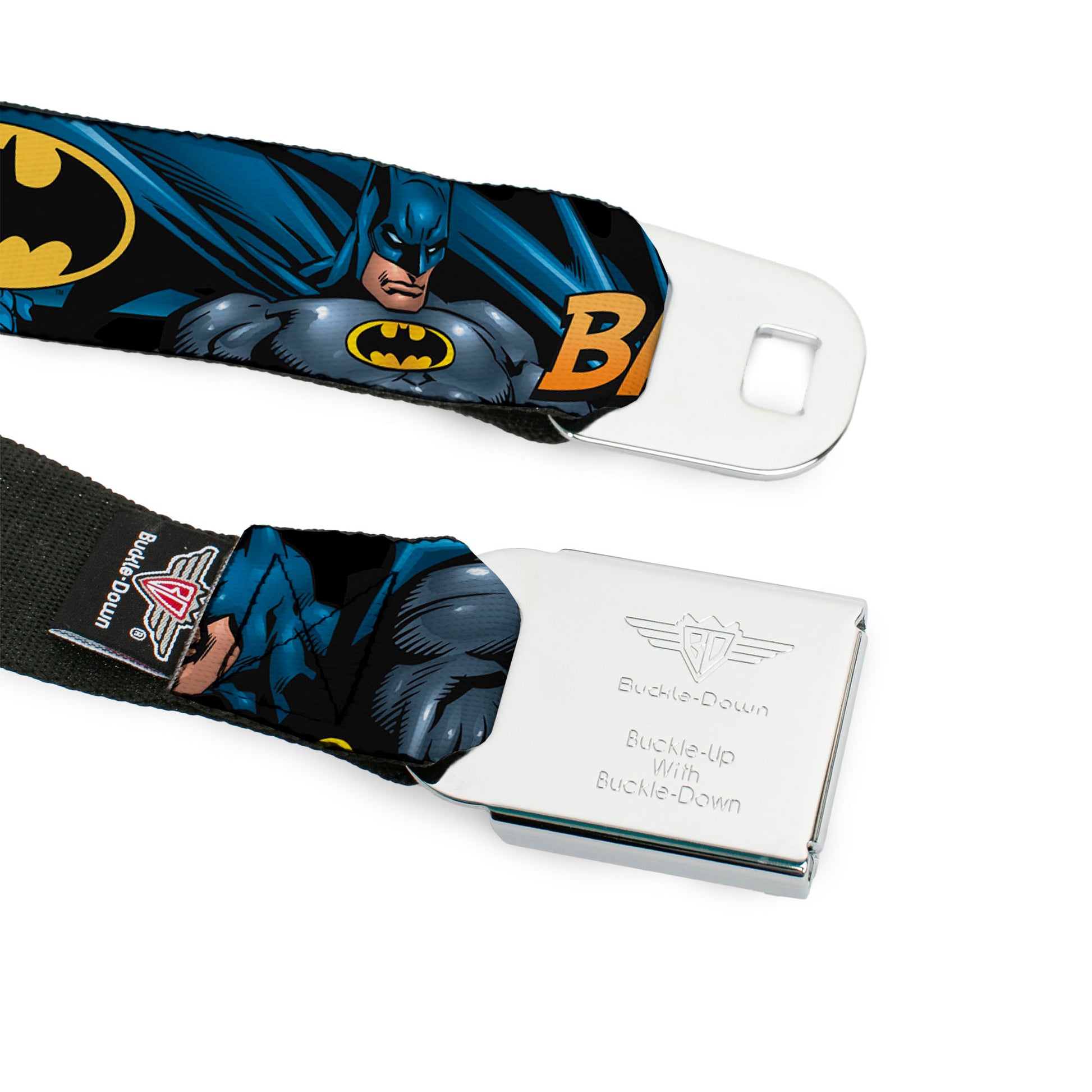 Batman Full Color Black Yellow Seatbelt Belt - BATMAN Action Poses/Bat Signal Black Webbing Seatbelt Belts DC Comics