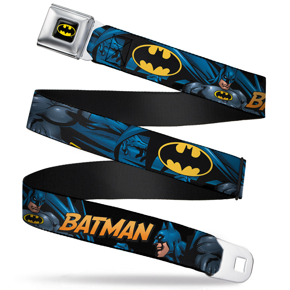 Batman Full Color Black Yellow Seatbelt Belt - BATMAN Action Poses/Bat Signal Black Webbing Seatbelt Belts DC Comics