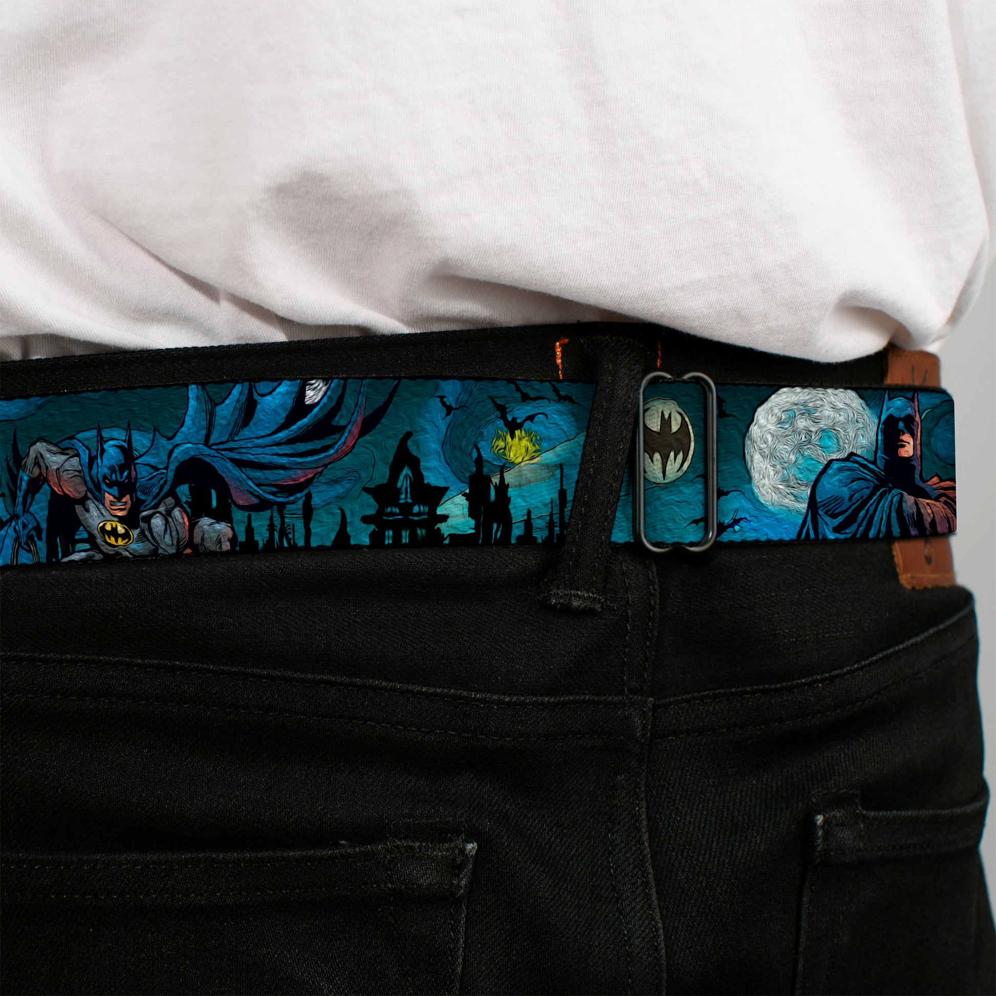 Batman Full Color Black Yellow Seatbelt Belt - Batman Gothic Knights Poses Webbing Seatbelt Belts DC Comics