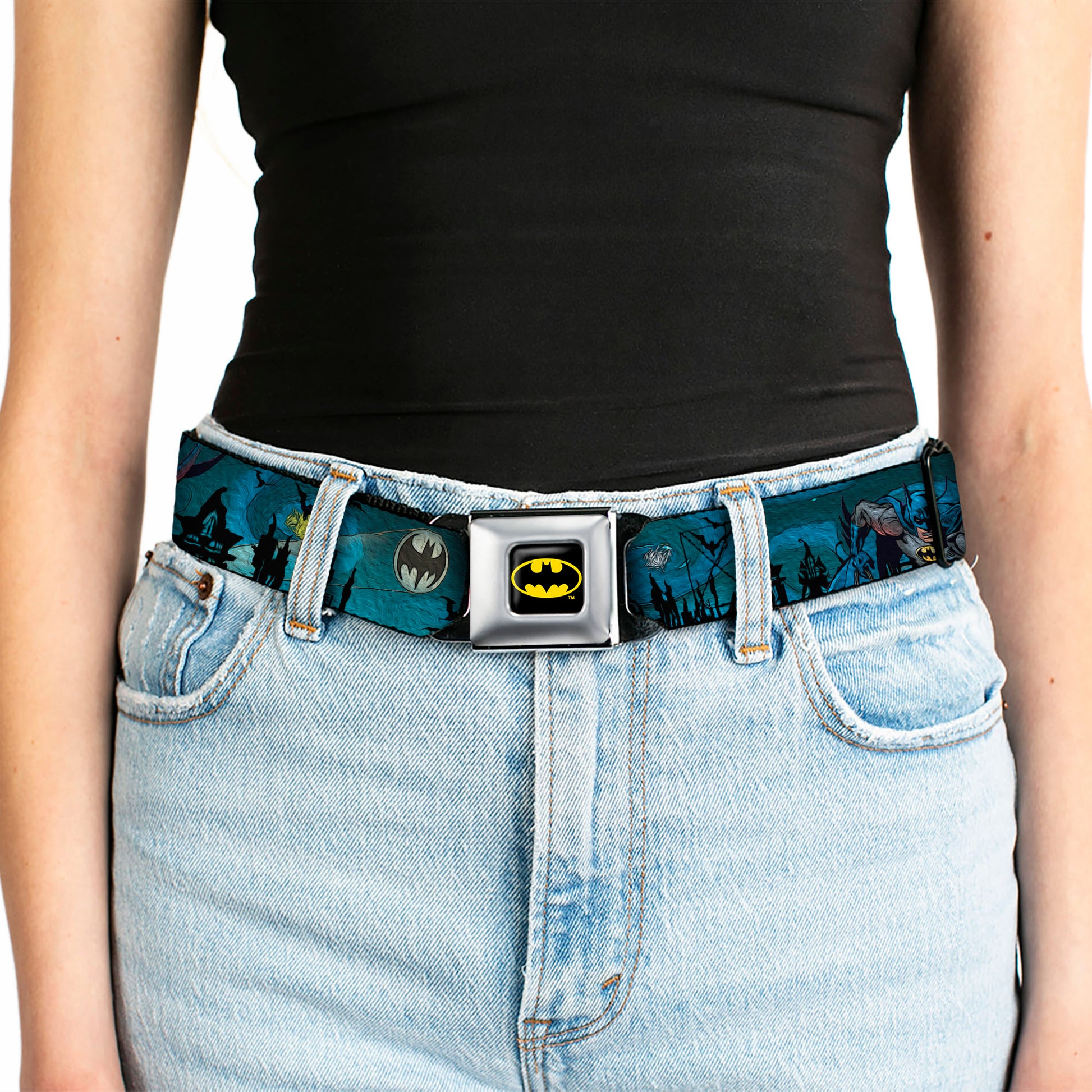 Batman Full Color Black Yellow Seatbelt Belt - Batman Gothic Knights Poses Webbing Seatbelt Belts DC Comics