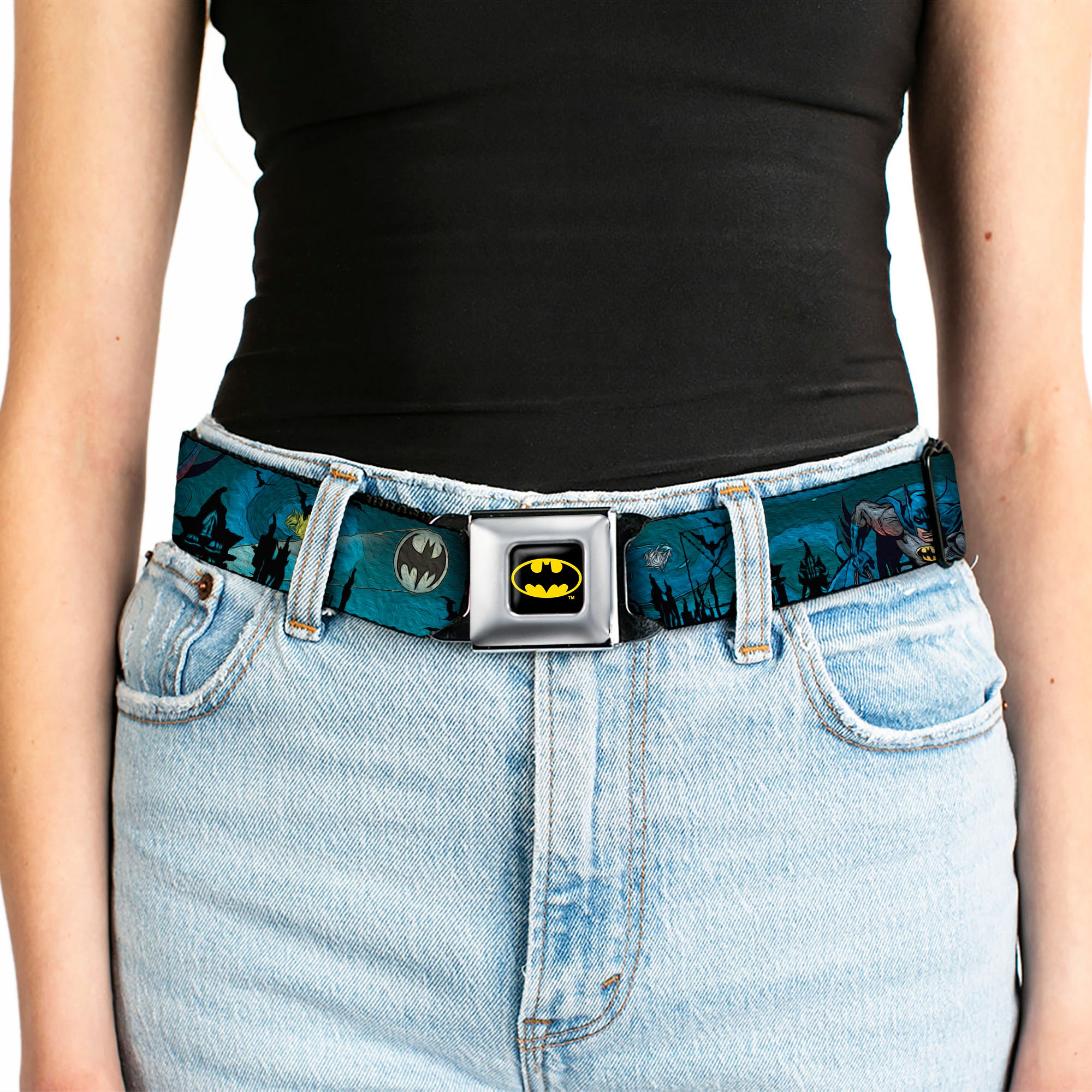 Batman Full Color Black Yellow Seatbelt Belt - Batman Gothic Knights Poses Webbing Seatbelt Belts DC Comics