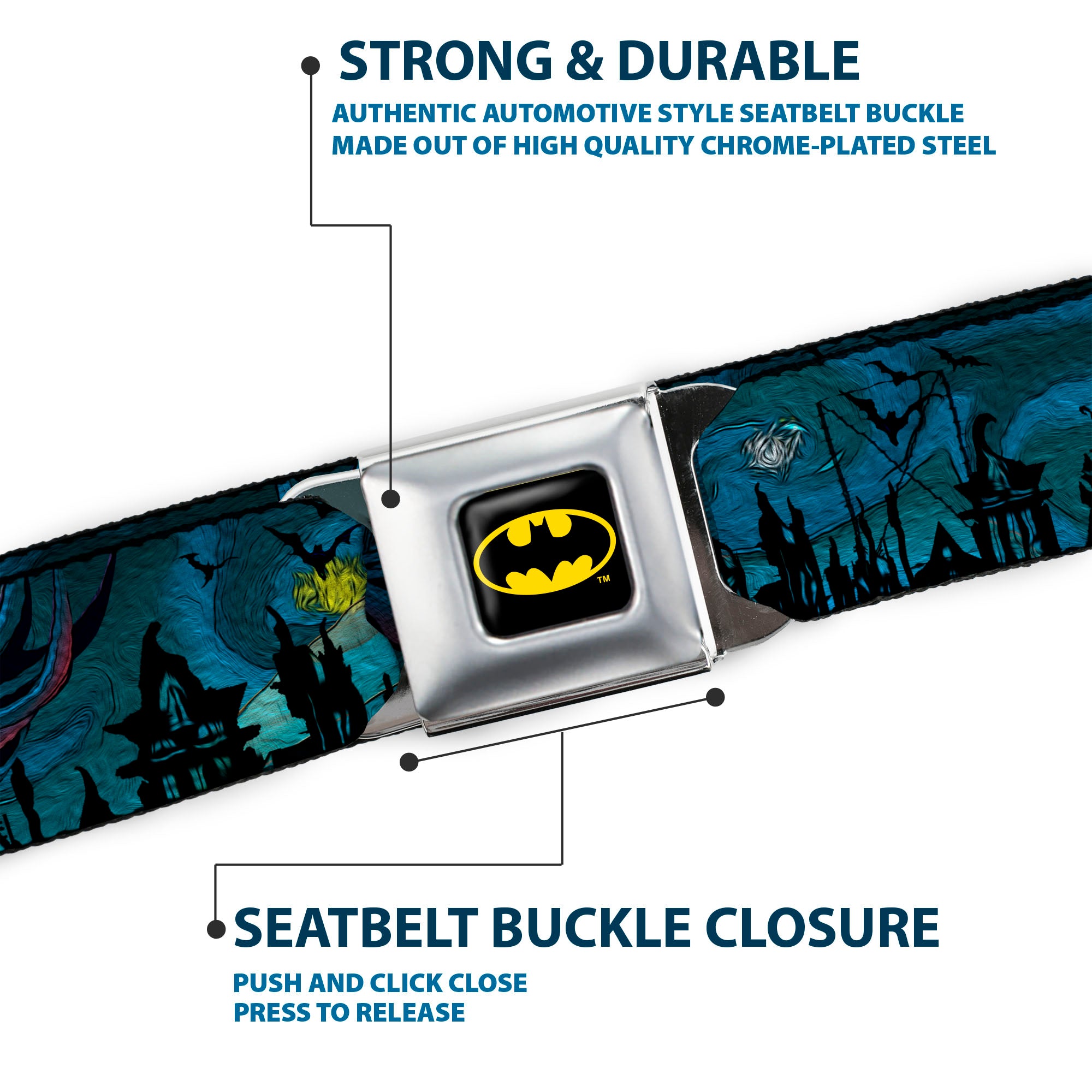 Batman Full Color Black Yellow Seatbelt Belt - Batman Gothic Knights Poses Webbing Seatbelt Belts DC Comics