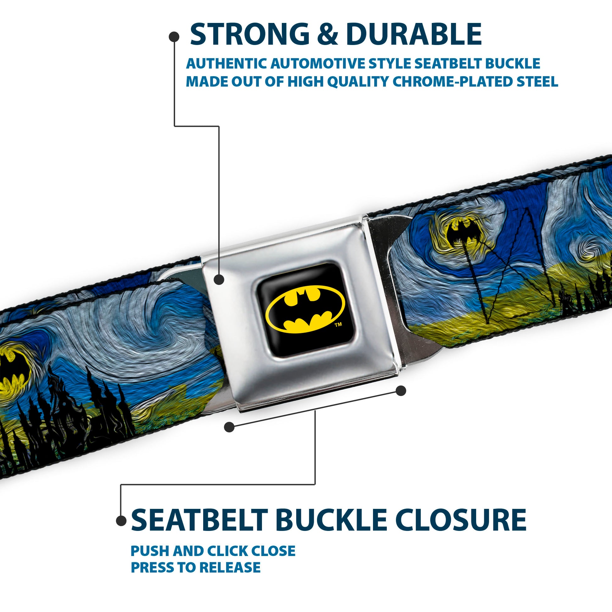 Batman Full Color Black Yellow Seatbelt Belt - Batman Dark Starry Night Webbing Seatbelt Belts DC Comics