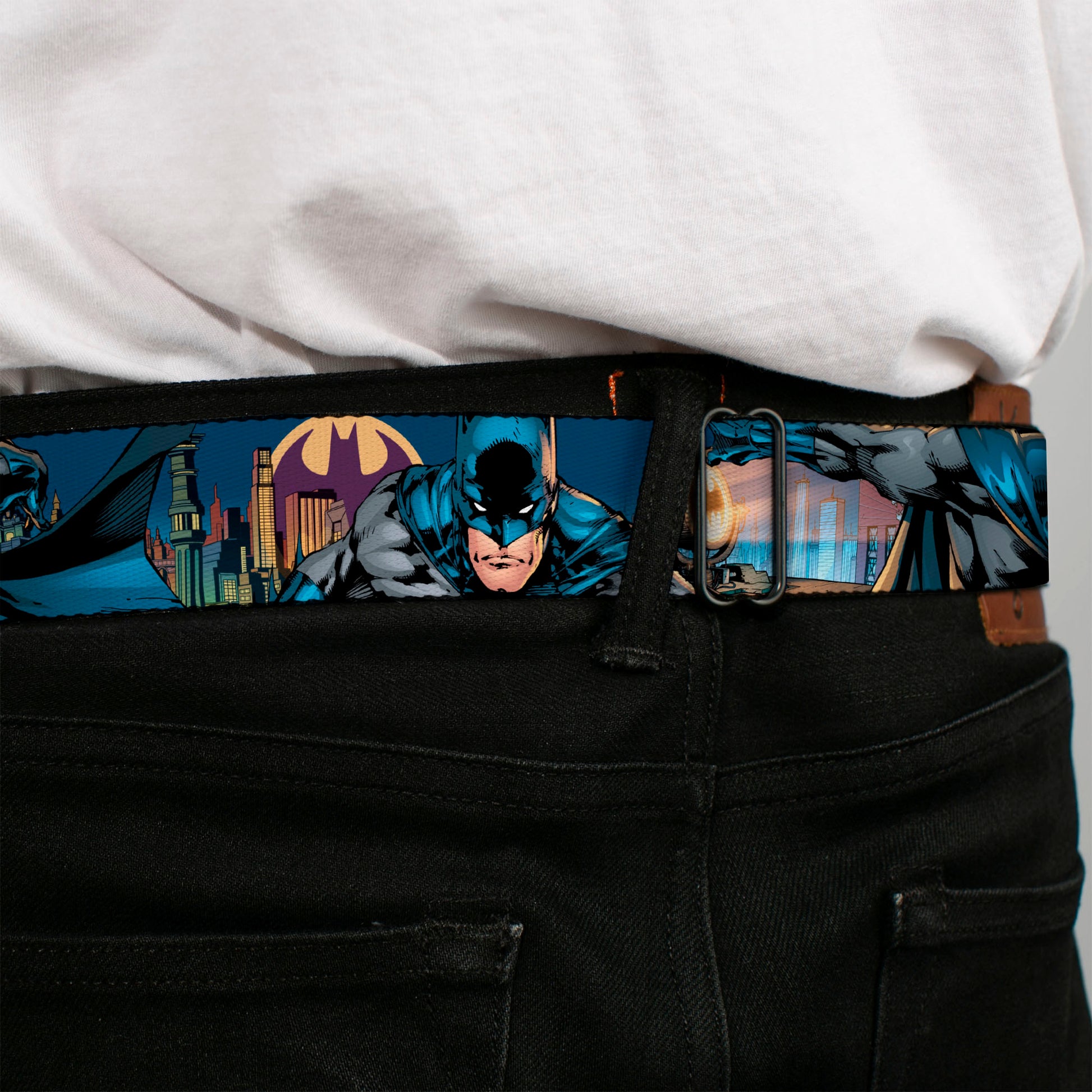 Batman Full Color Black Yellow Seatbelt Belt - Batman 2-Action Poses/Bat Signal Spotlight/Skyline Webbing Seatbelt Belts DC Comics