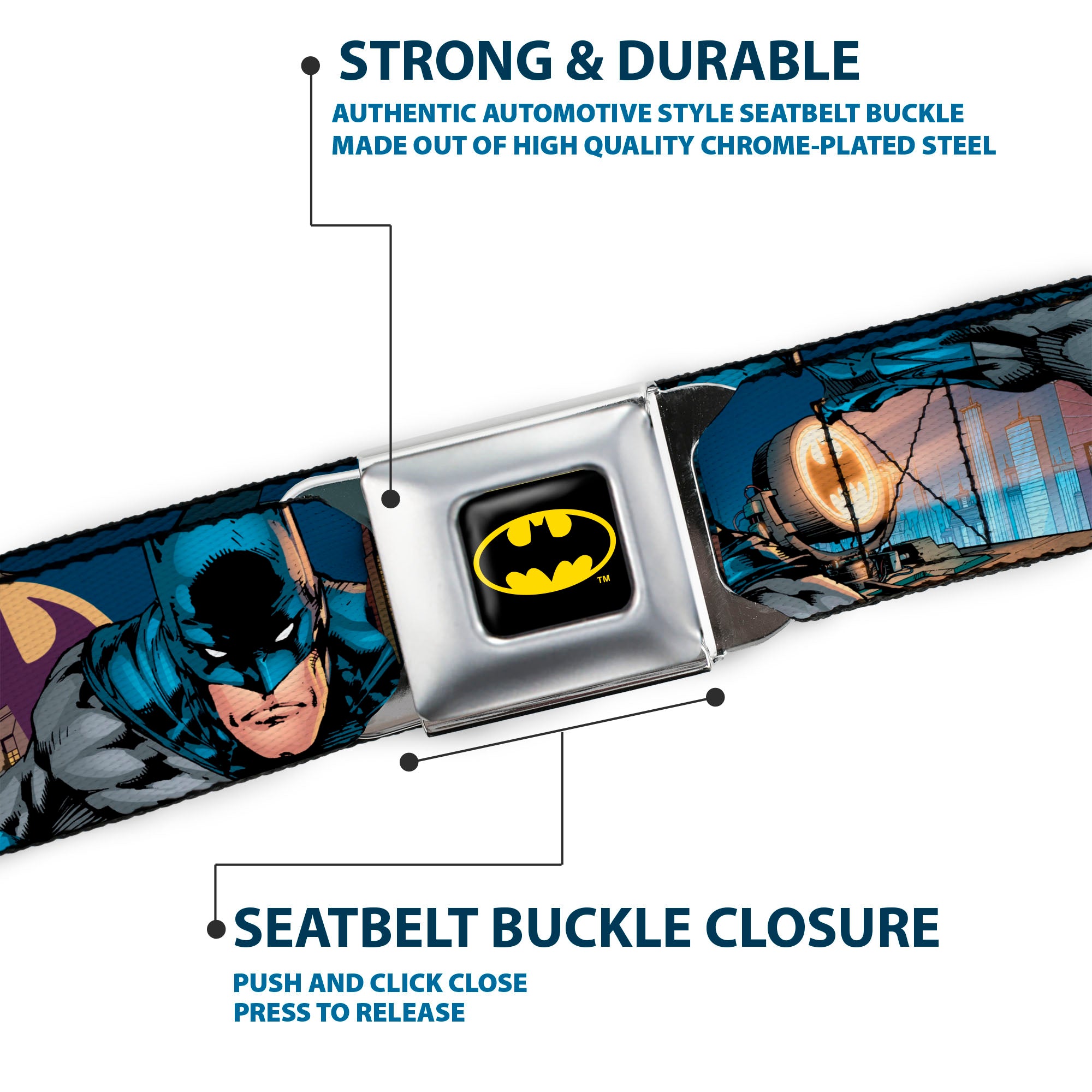 Batman Full Color Black Yellow Seatbelt Belt - Batman 2-Action Poses/Bat Signal Spotlight/Skyline Webbing Seatbelt Belts DC Comics