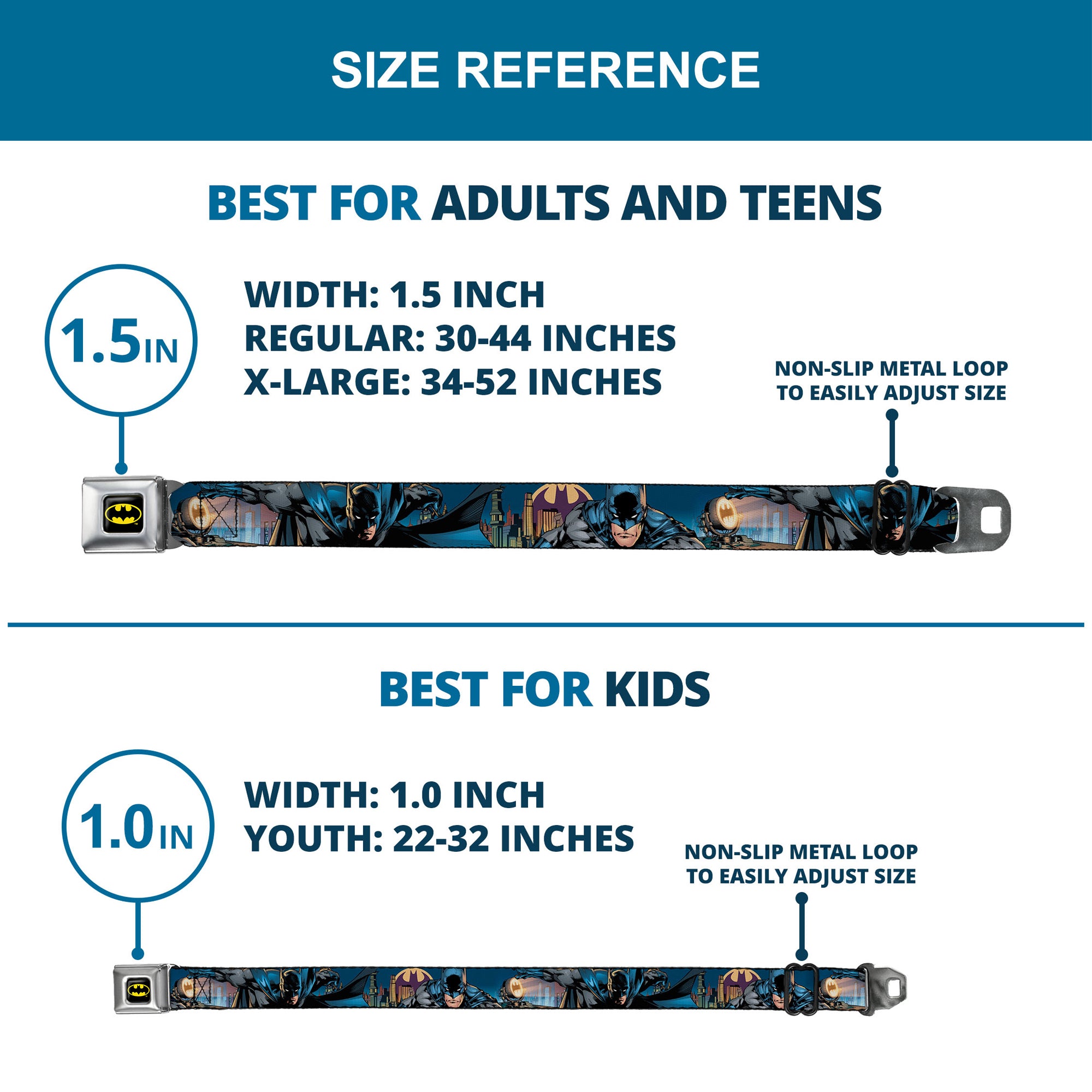 Batman Full Color Black Yellow Seatbelt Belt - Batman 2-Action Poses/Bat Signal Spotlight/Skyline Webbing Seatbelt Belts DC Comics