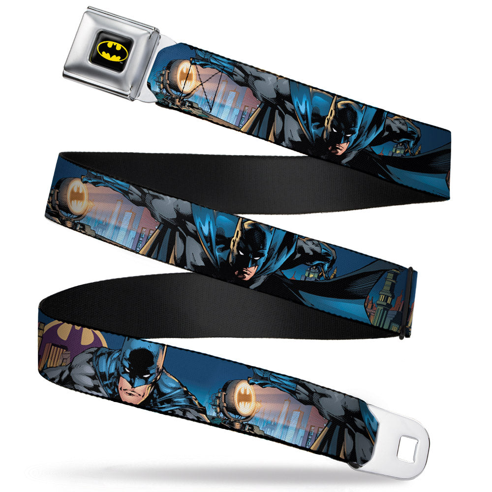 Batman Full Color Black Yellow Seatbelt Belt - Batman 2-Action Poses/Bat Signal Spotlight/Skyline Webbing Seatbelt Belts DC Comics