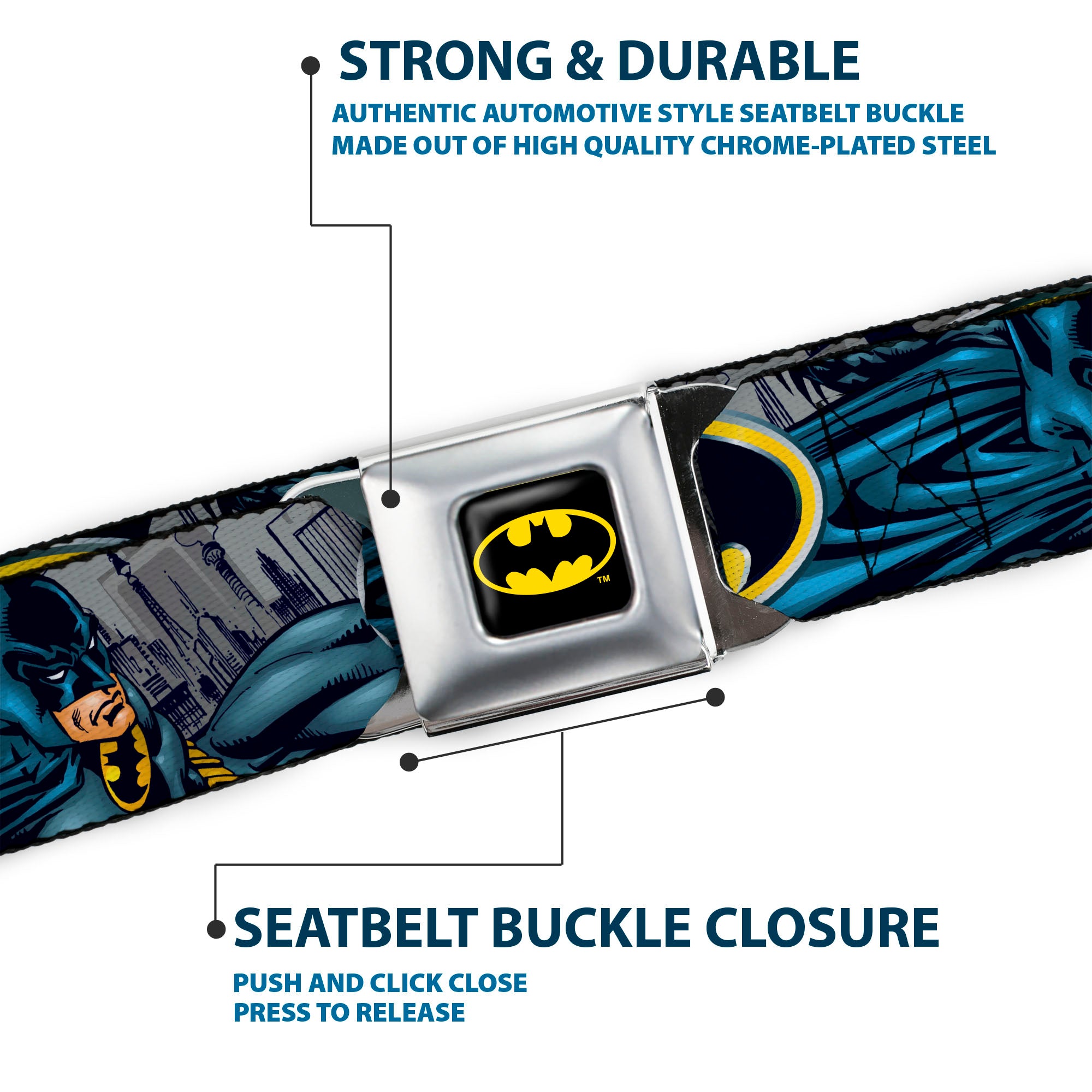 Batman Full Color Black Yellow Seatbelt Belt - Batman Bold Power Pose/Logo/Skyline Grays/Black Webbing Seatbelt Belts DC Comics