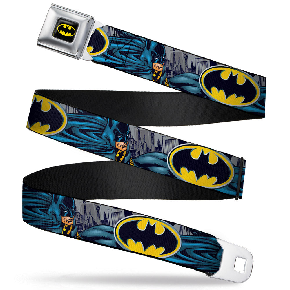 Batman Full Color Black Yellow Seatbelt Belt - Batman Bold Power Pose/Logo/Skyline Grays/Black Webbing Seatbelt Belts DC Comics