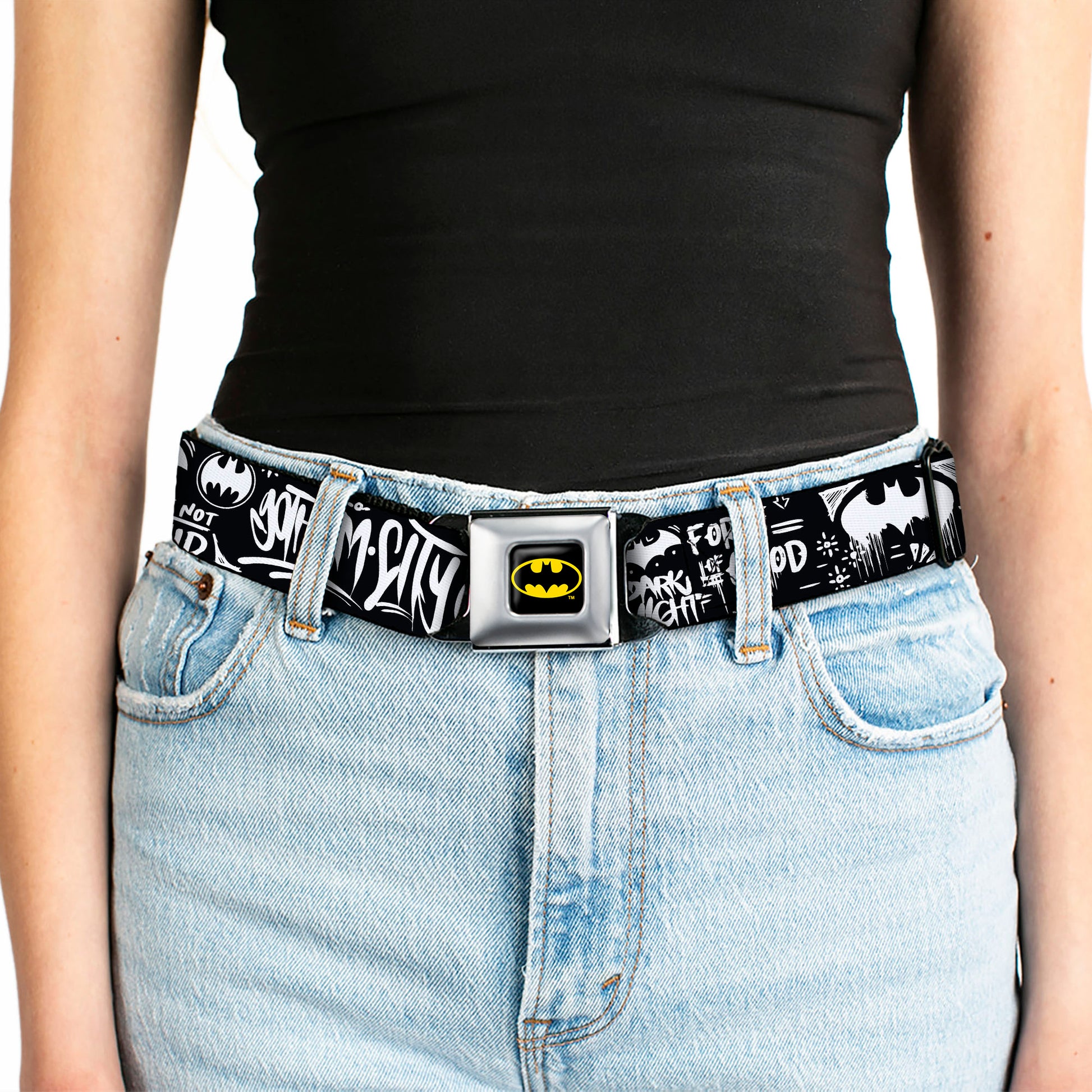 Batman Full Color Black/Yellow Seatbelt Belt - Batman Gotham City Graffiti Collage Black/White Webbing Seatbelt Belts DC Comics