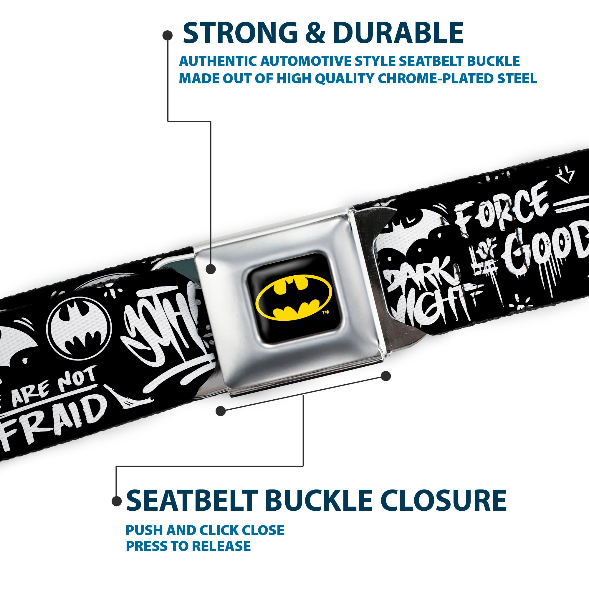 Batman Full Color Black/Yellow Seatbelt Belt - Batman Gotham City Graffiti Collage Black/White Webbing Seatbelt Belts DC Comics