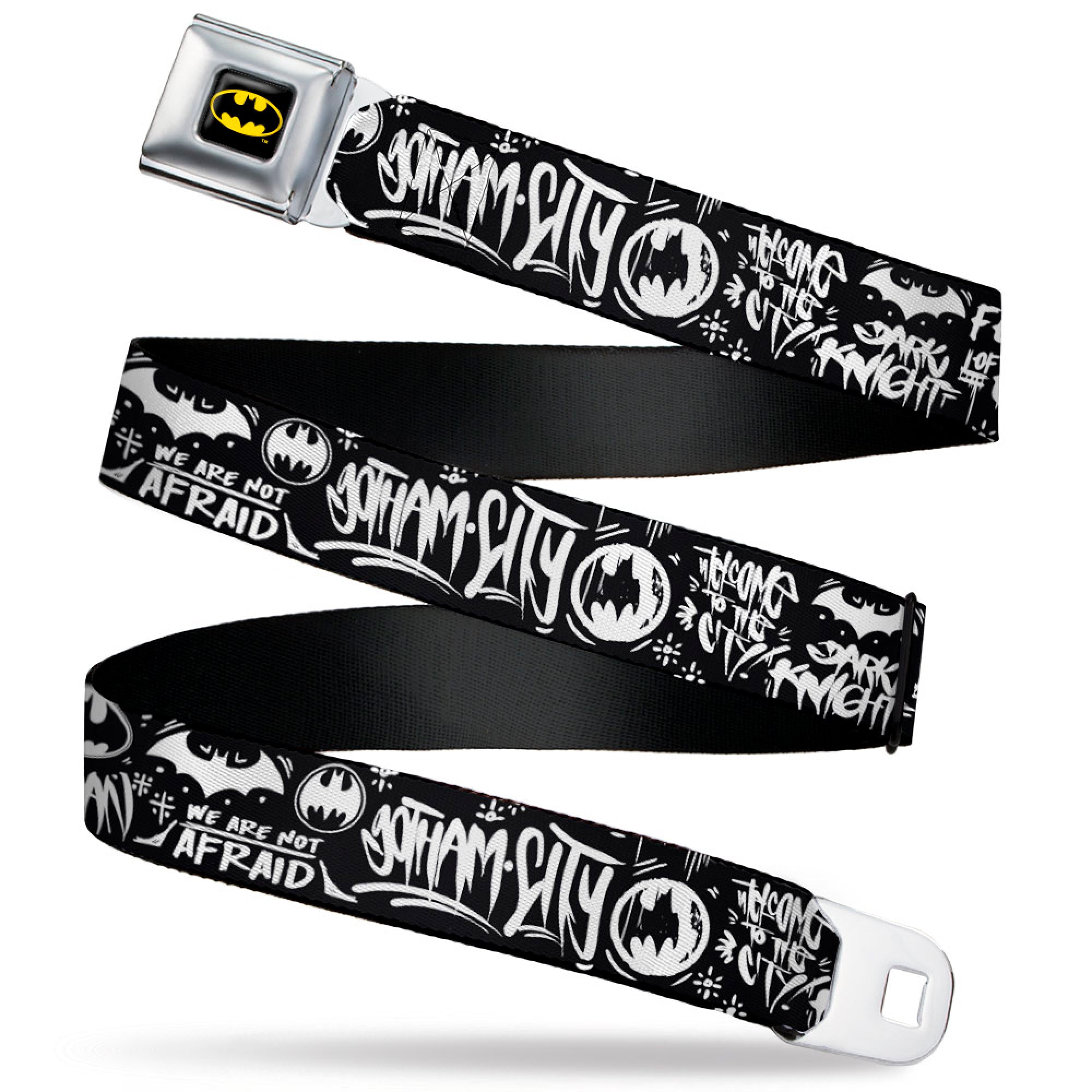 Batman Full Color Black/Yellow Seatbelt Belt - Batman Gotham City Graffiti Collage Black/White Webbing Seatbelt Belts DC Comics