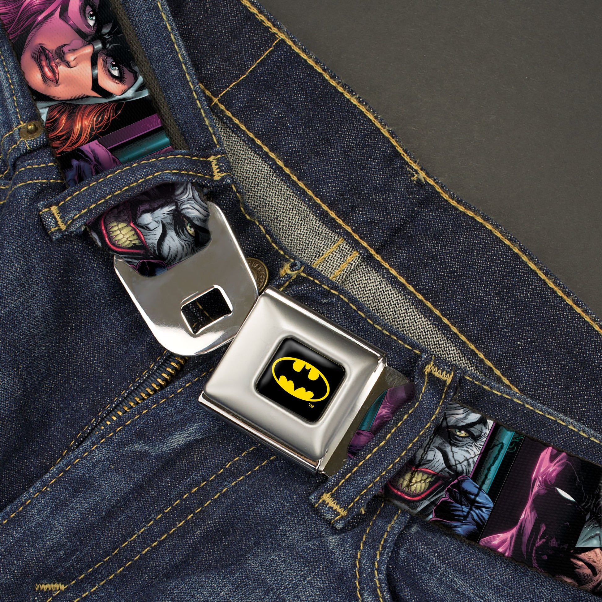 Batman Full Color Black/Yellow Seatbelt Belt - Batman Batgirl and Joker Comic Book Cover Face Close-Ups Black Webbing Seatbelt Belts DC Comics