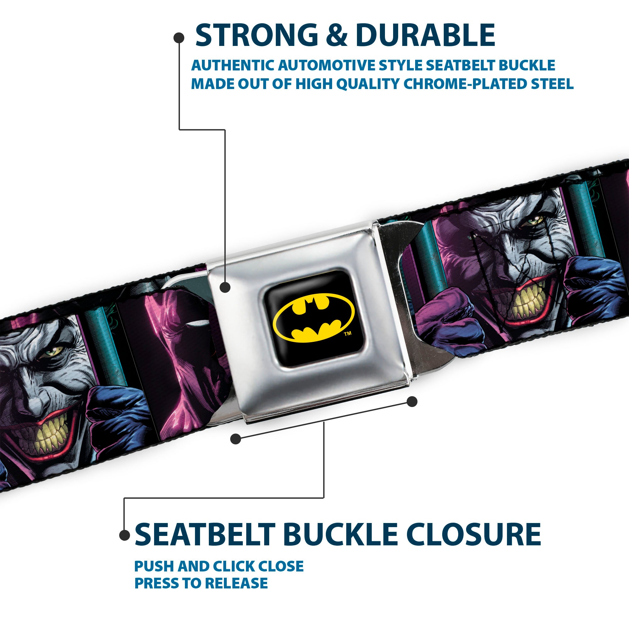 Batman Full Color Black/Yellow Seatbelt Belt - Batman Batgirl and Joker Comic Book Cover Face Close-Ups Black Webbing Seatbelt Belts DC Comics