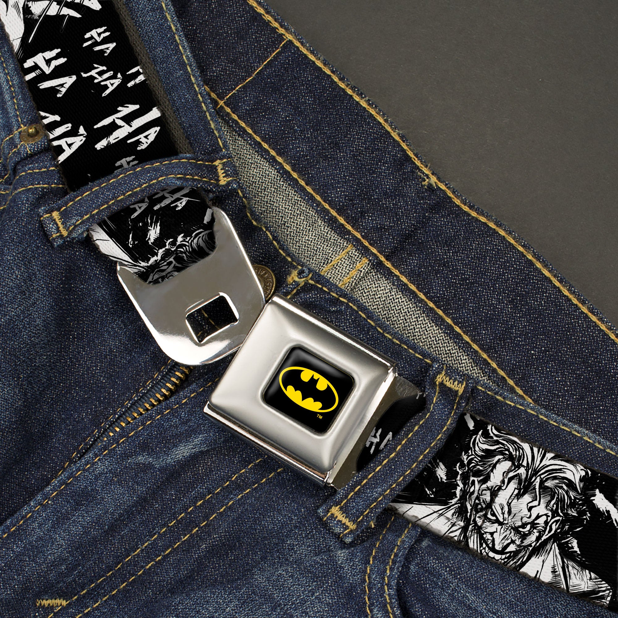 Batman Full Color Black/Yellow Seatbelt Belt - Batman THE DARK KNIGHT and Joker Smiling Sketch Close-Ups Black/White Webbing Seatbelt Belts DC Comics