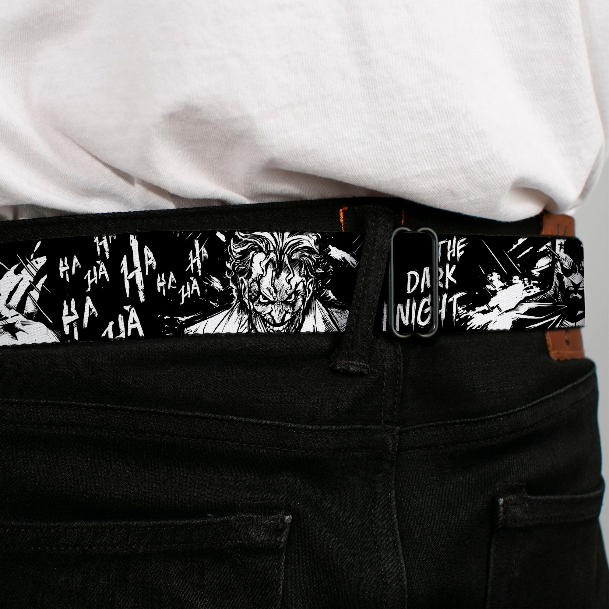 Batman Full Color Black/Yellow Seatbelt Belt - Batman THE DARK KNIGHT and Joker Smiling Sketch Close-Ups Black/White Webbing Seatbelt Belts DC Comics