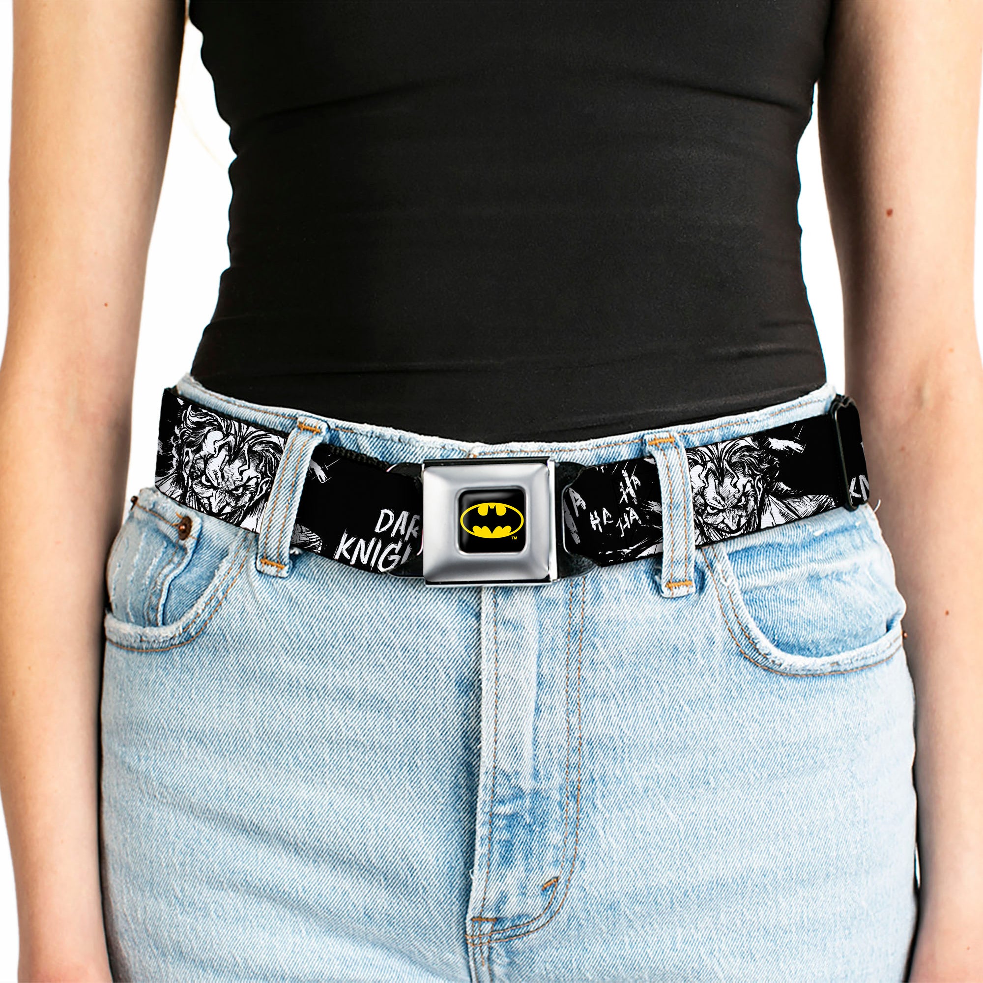 Batman Full Color Black/Yellow Seatbelt Belt - Batman THE DARK KNIGHT and Joker Smiling Sketch Close-Ups Black/White Webbing Seatbelt Belts DC Comics