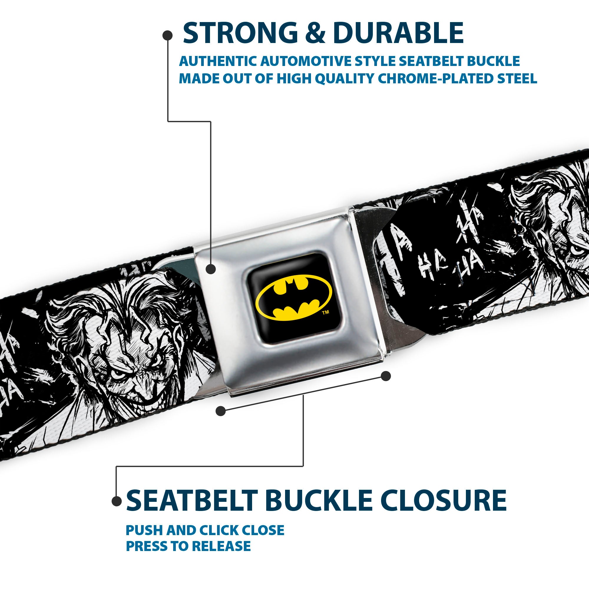 Batman Full Color Black/Yellow Seatbelt Belt - Batman THE DARK KNIGHT and Joker Smiling Sketch Close-Ups Black/White Webbing Seatbelt Belts DC Comics