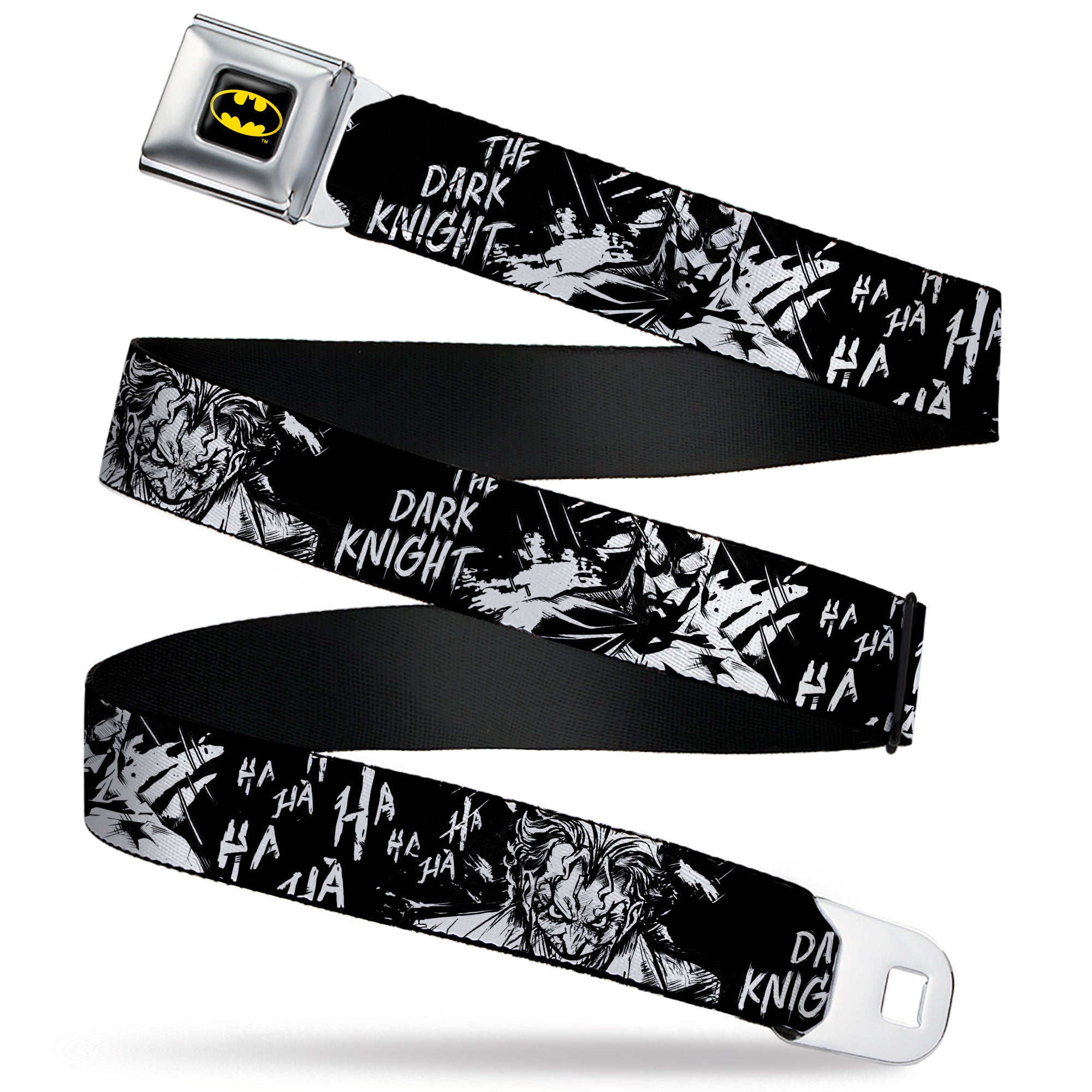 Batman Full Color Black/Yellow Seatbelt Belt - Batman THE DARK KNIGHT and Joker Smiling Sketch Close-Ups Black/White Webbing Seatbelt Belts DC Comics