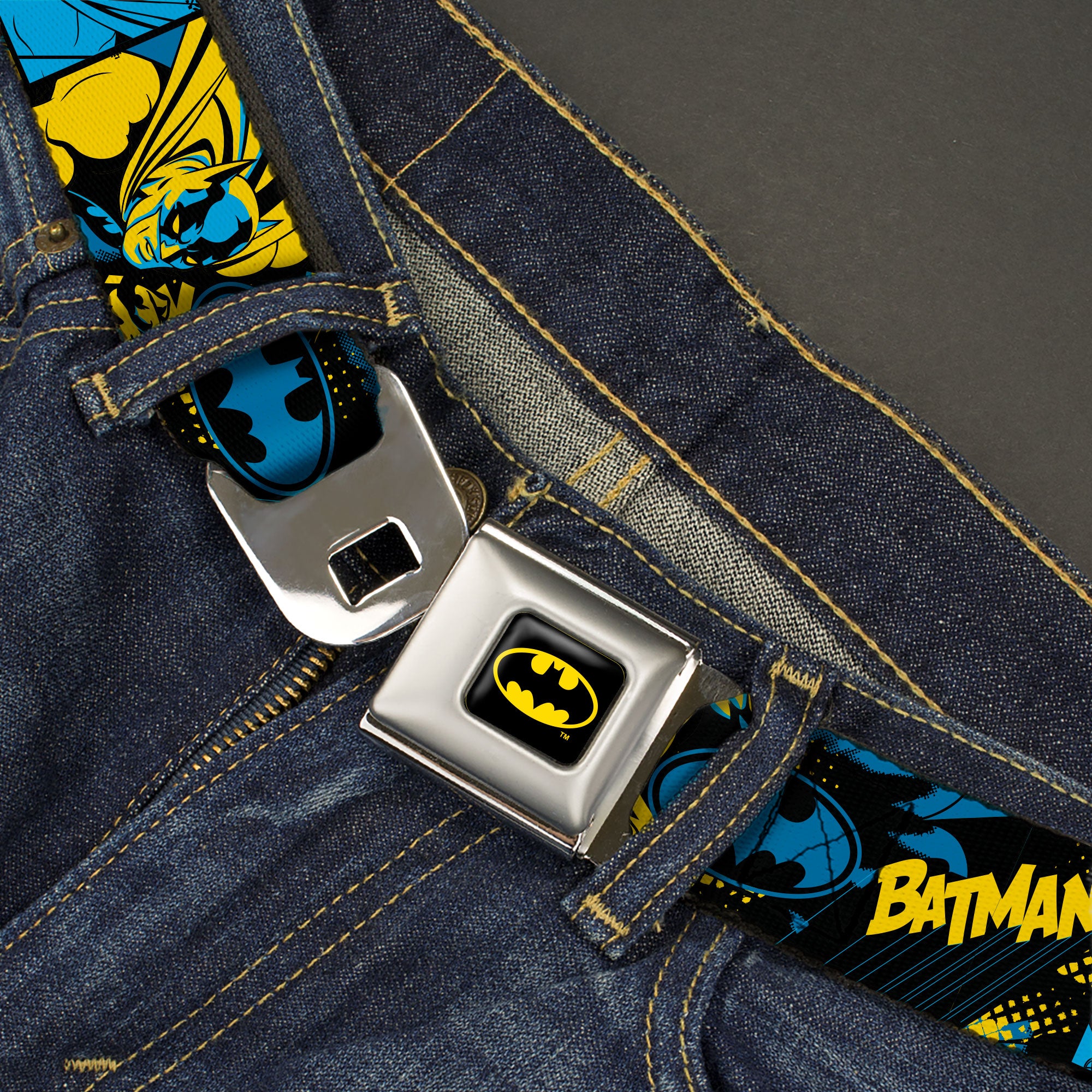 Batman Full Color Black/Yellow Seatbelt Belt - BATMAN Poses and Logo Collage Black/Blue/Yellow Webbing Seatbelt Belts DC Comics