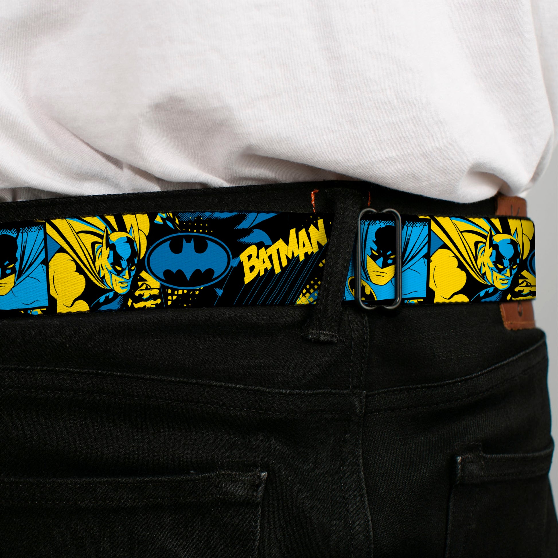 Batman Full Color Black/Yellow Seatbelt Belt - BATMAN Poses and Logo Collage Black/Blue/Yellow Webbing Seatbelt Belts DC Comics