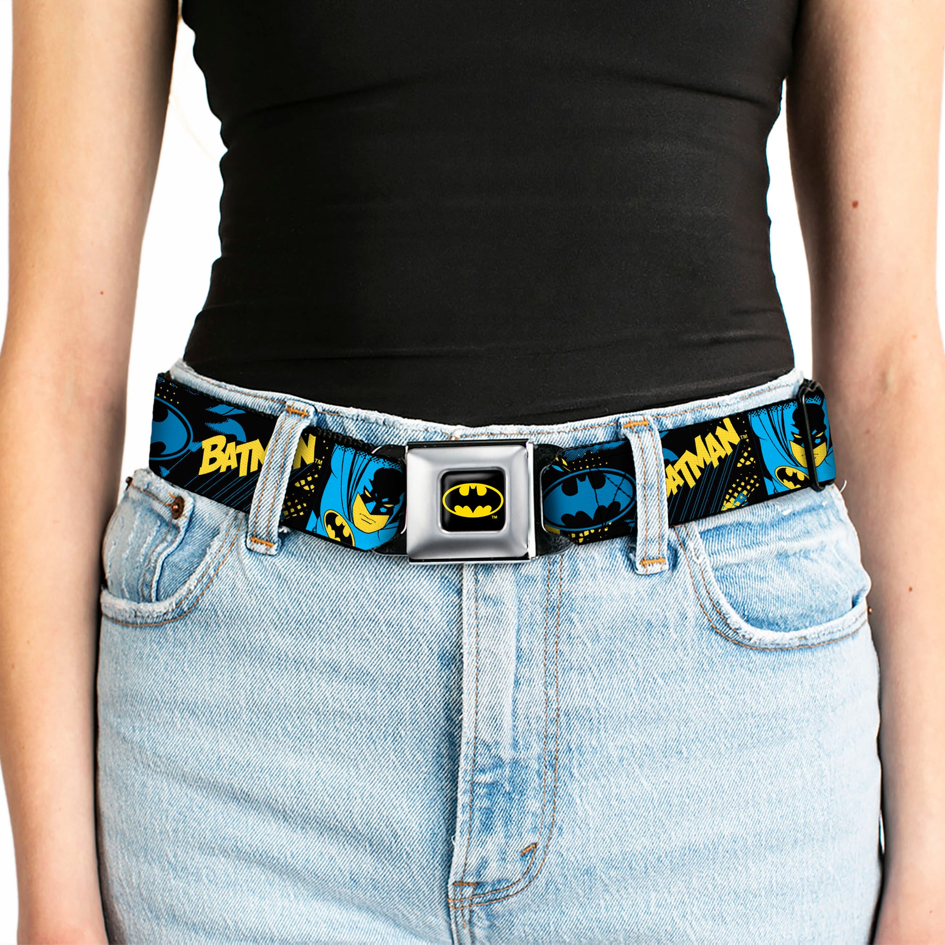 Batman Full Color Black/Yellow Seatbelt Belt - BATMAN Poses and Logo Collage Black/Blue/Yellow Webbing Seatbelt Belts DC Comics