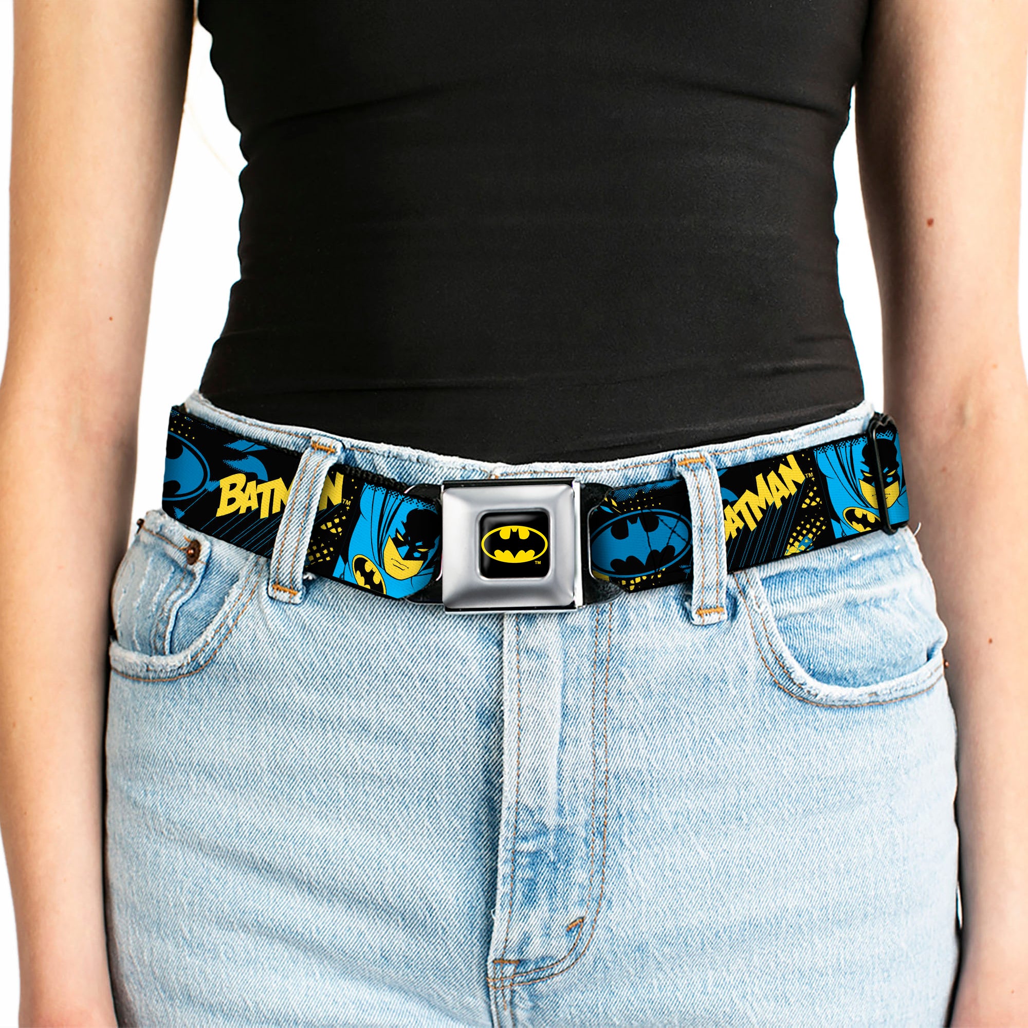 Batman Full Color Black/Yellow Seatbelt Belt - BATMAN Poses and Logo Collage Black/Blue/Yellow Webbing Seatbelt Belts DC Comics