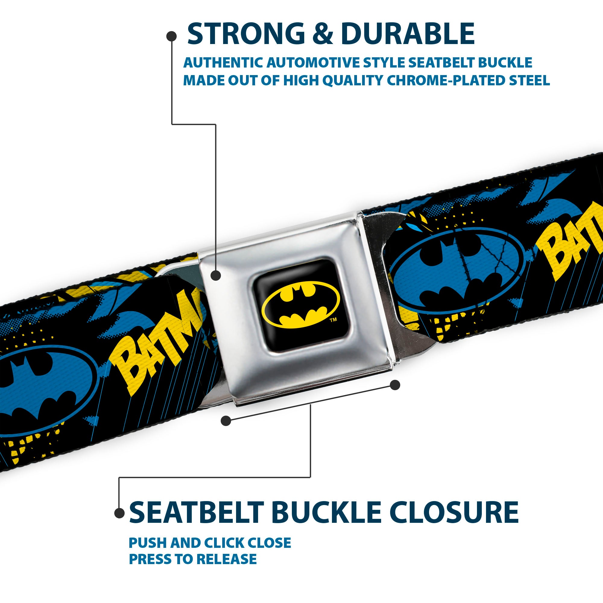 Batman Full Color Black/Yellow Seatbelt Belt - BATMAN Poses and Logo Collage Black/Blue/Yellow Webbing Seatbelt Belts DC Comics