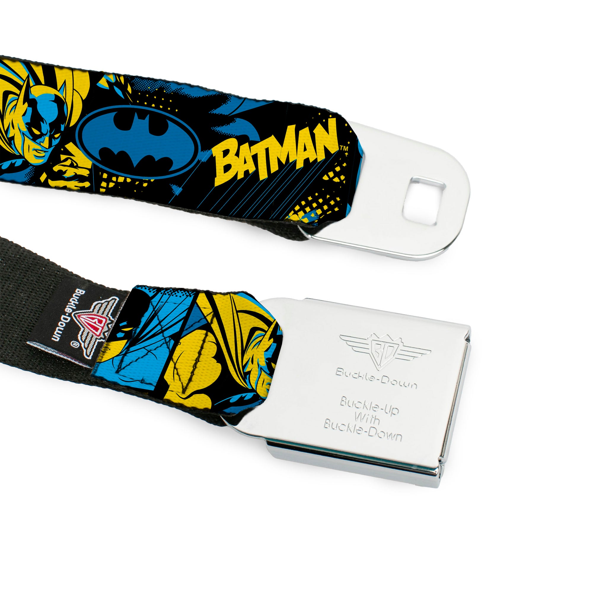 Batman Full Color Black/Yellow Seatbelt Belt - BATMAN Poses and Logo Collage Black/Blue/Yellow Webbing Seatbelt Belts DC Comics