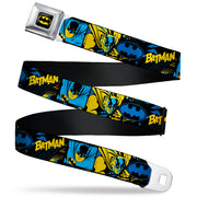 Batman Full Color Black/Yellow Seatbelt Belt - BATMAN Poses and Logo Collage Black/Blue/Yellow Webbing Seatbelt Belts DC Comics