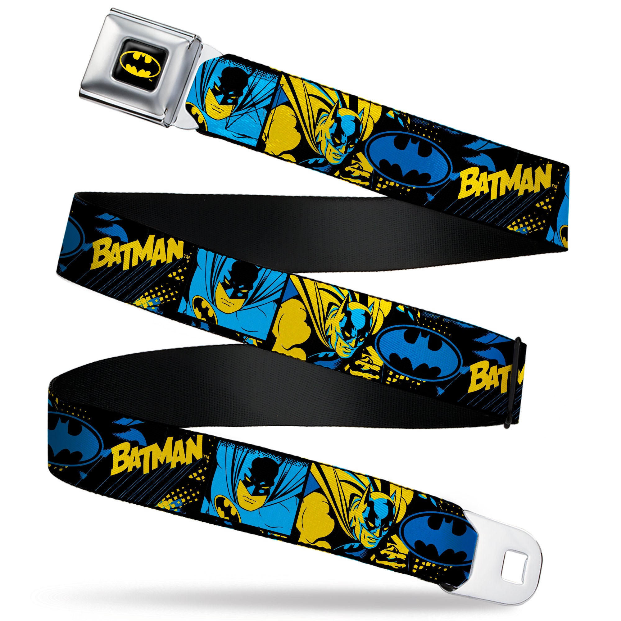 Batman Full Color Black/Yellow Seatbelt Belt - BATMAN Poses and Logo Collage Black/Blue/Yellow Webbing Seatbelt Belts DC Comics