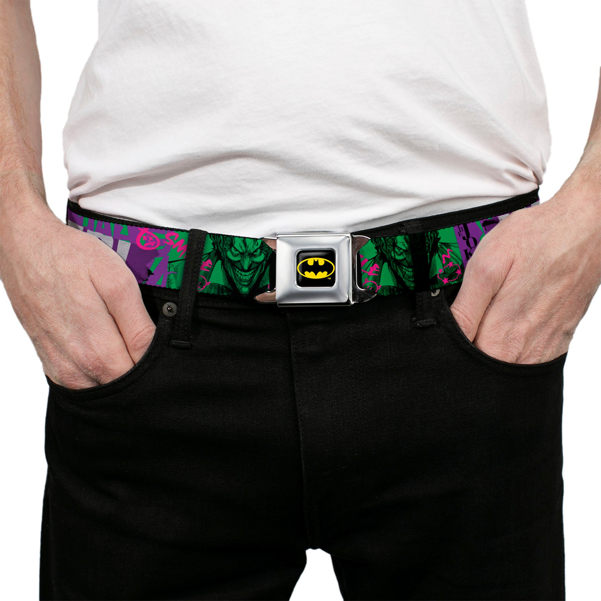 Batman Full Color Black/Yellow Seatbelt Belt - THE JOKER WANTED Smiling Pose and Graffiti Purples/Greens Webbing Seatbelt Belts DC Comics